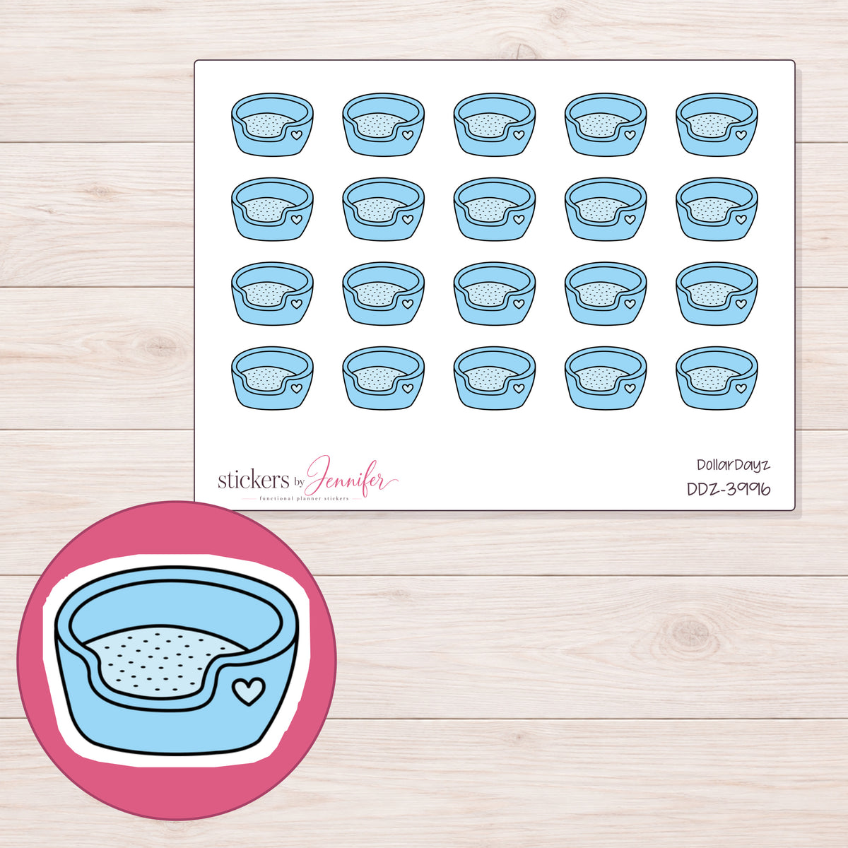 Blue Heart Pet Bed Planner Stickers | DDZ-3996 — 4 × 3 inch sheet and enlarged sticker detail