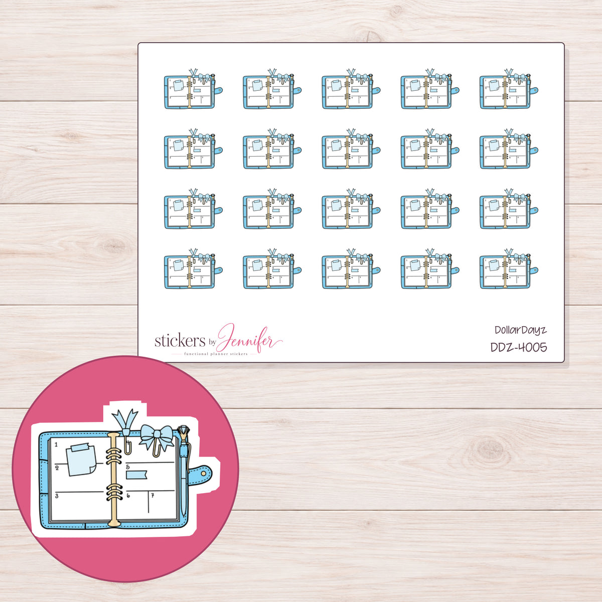 Open Decorated Planner Stickers | DDZ-4005 — 4 × 3 inch sheet and enlarged sticker detail