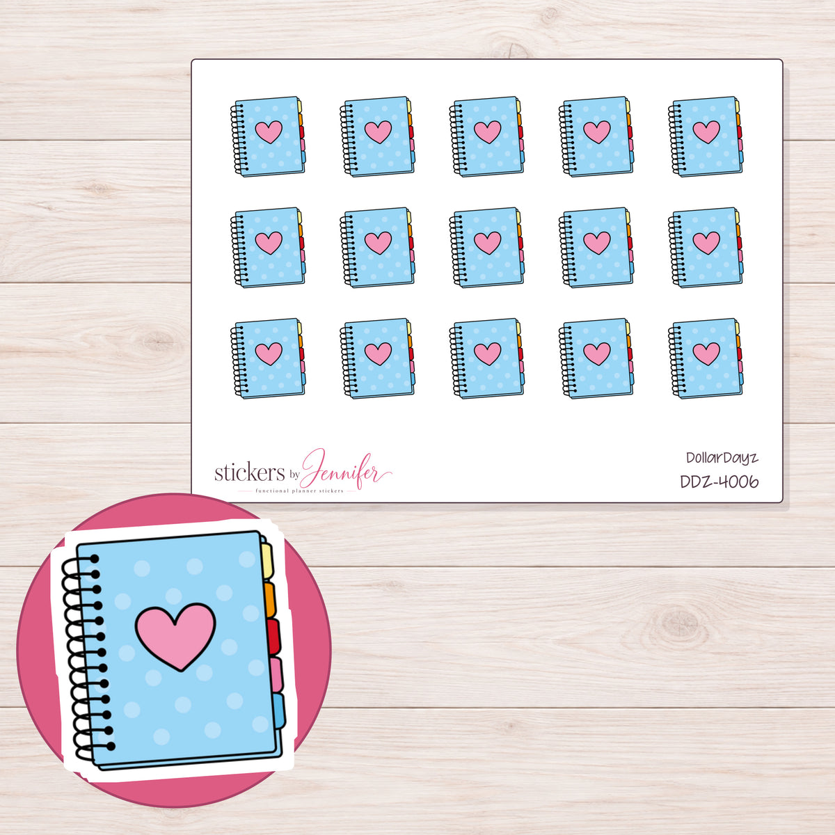 Blue Polka Dot Heart Planner Stickers | DDZ-4006 — 4 × 3 inch sheet and enlarged sticker detail