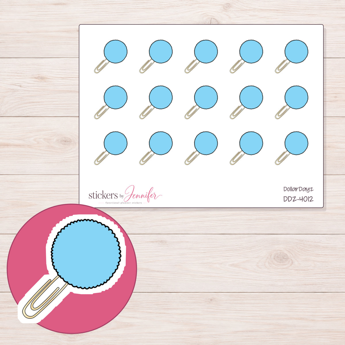 Blue Pom-Pom Paper Clip Planner Stickers | DDZ-4012 — 4 × 3 inch sheet and enlarged sticker detail