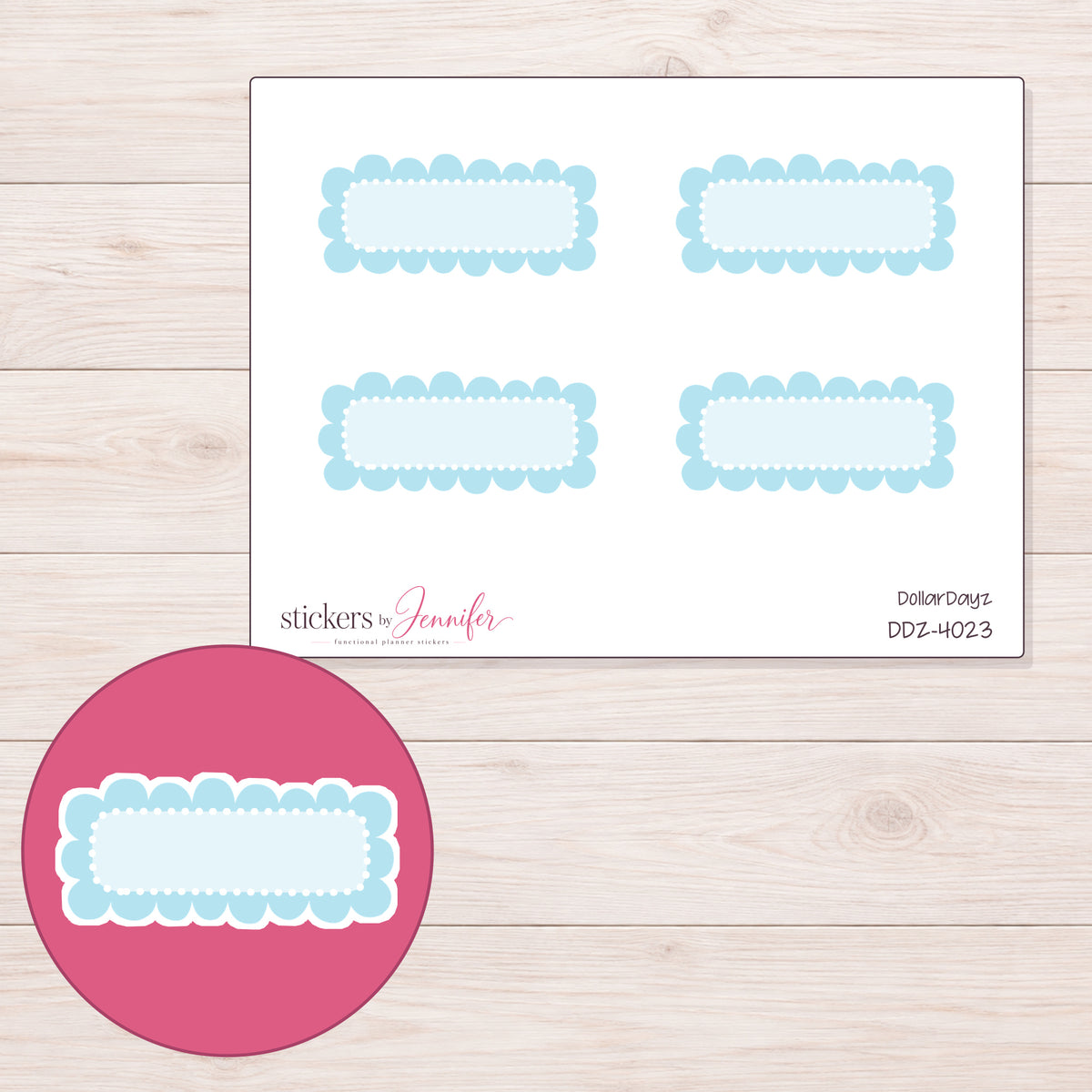 Blue Scallop Dot Quarter Box Planner Stickers | DDZ-4023 — 4 × 3 inch sheet and enlarged sticker detail
