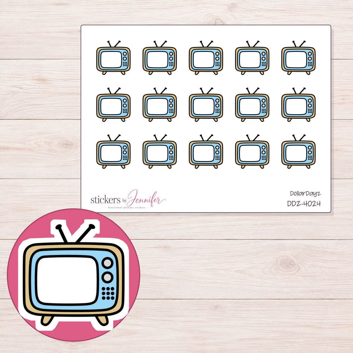 Blue and Cream Retro Television Planner Stickers | DDZ-4024 — 4 × 3 inch sheet and enlarged sticker detail