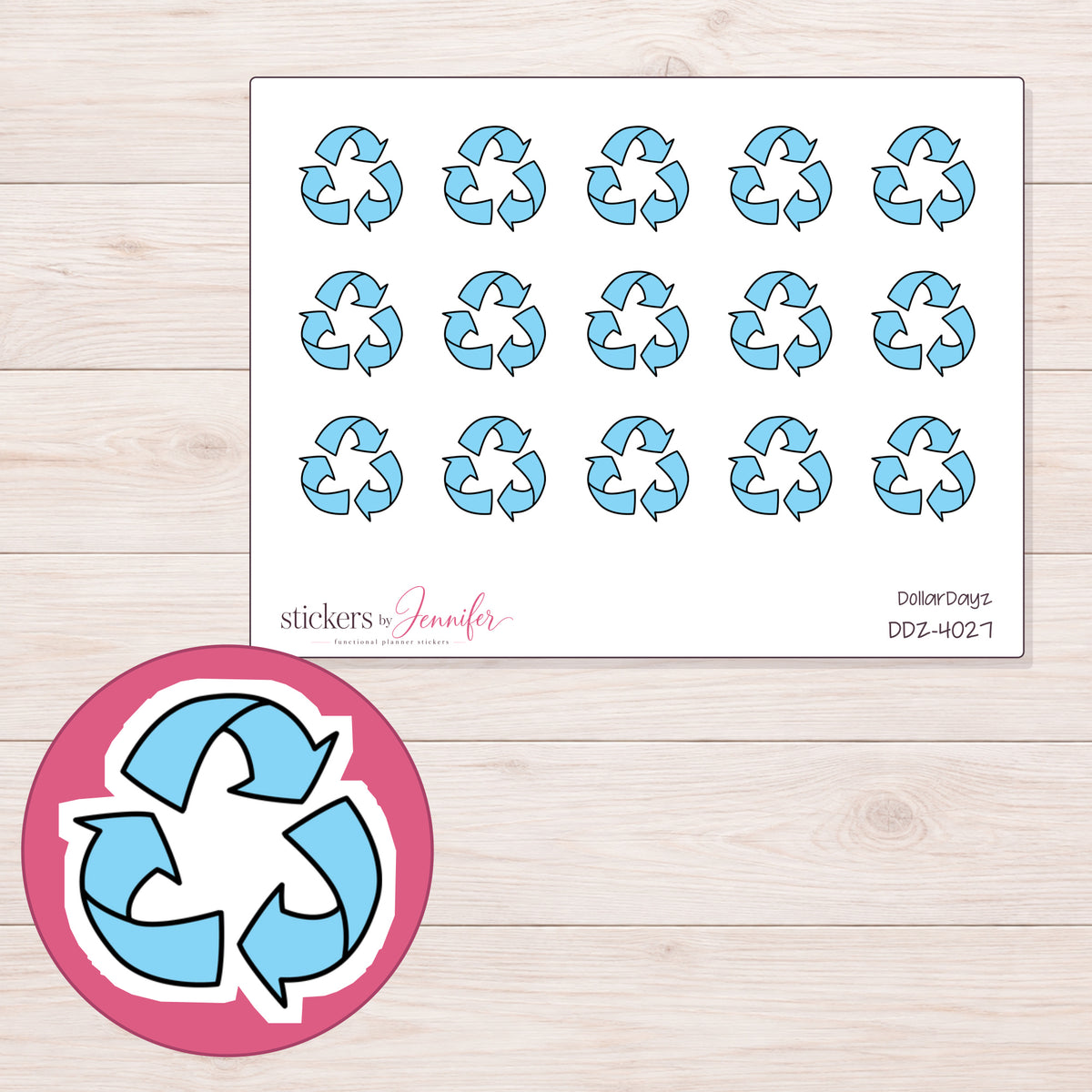 Blue Recycling Symbol Planner Stickers | DDZ-4027 — 4 × 3 inch sheet and enlarged sticker detail