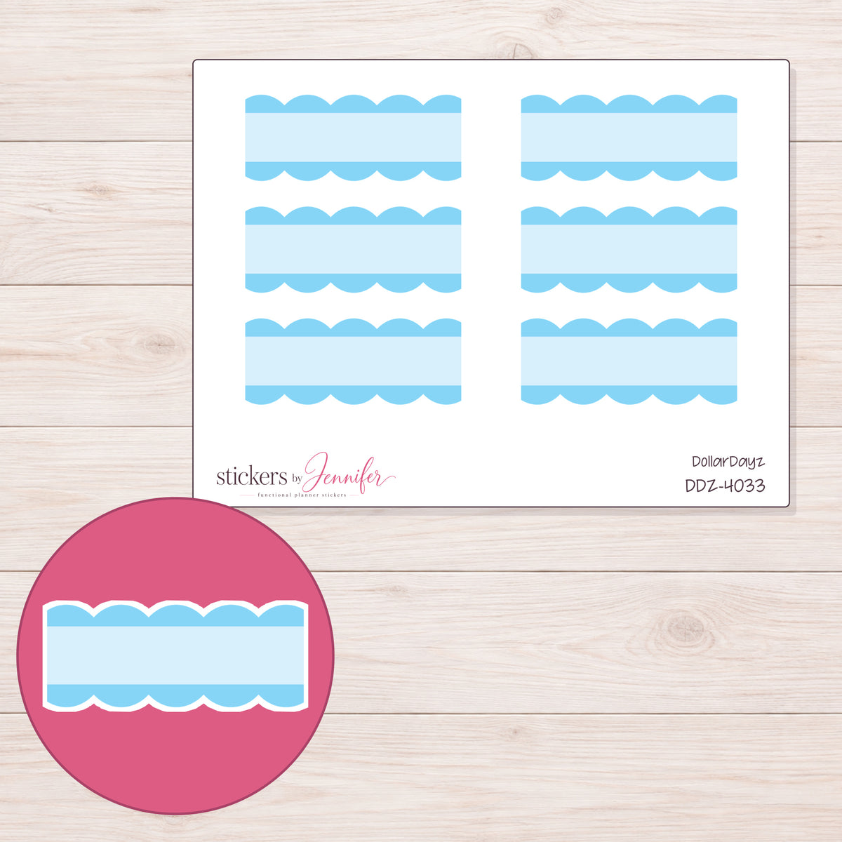 Blue Scallop Stripe Quarter Box Planner Stickers | DDZ-4033 — 4 × 3 inch sheet and enlarged sticker detail