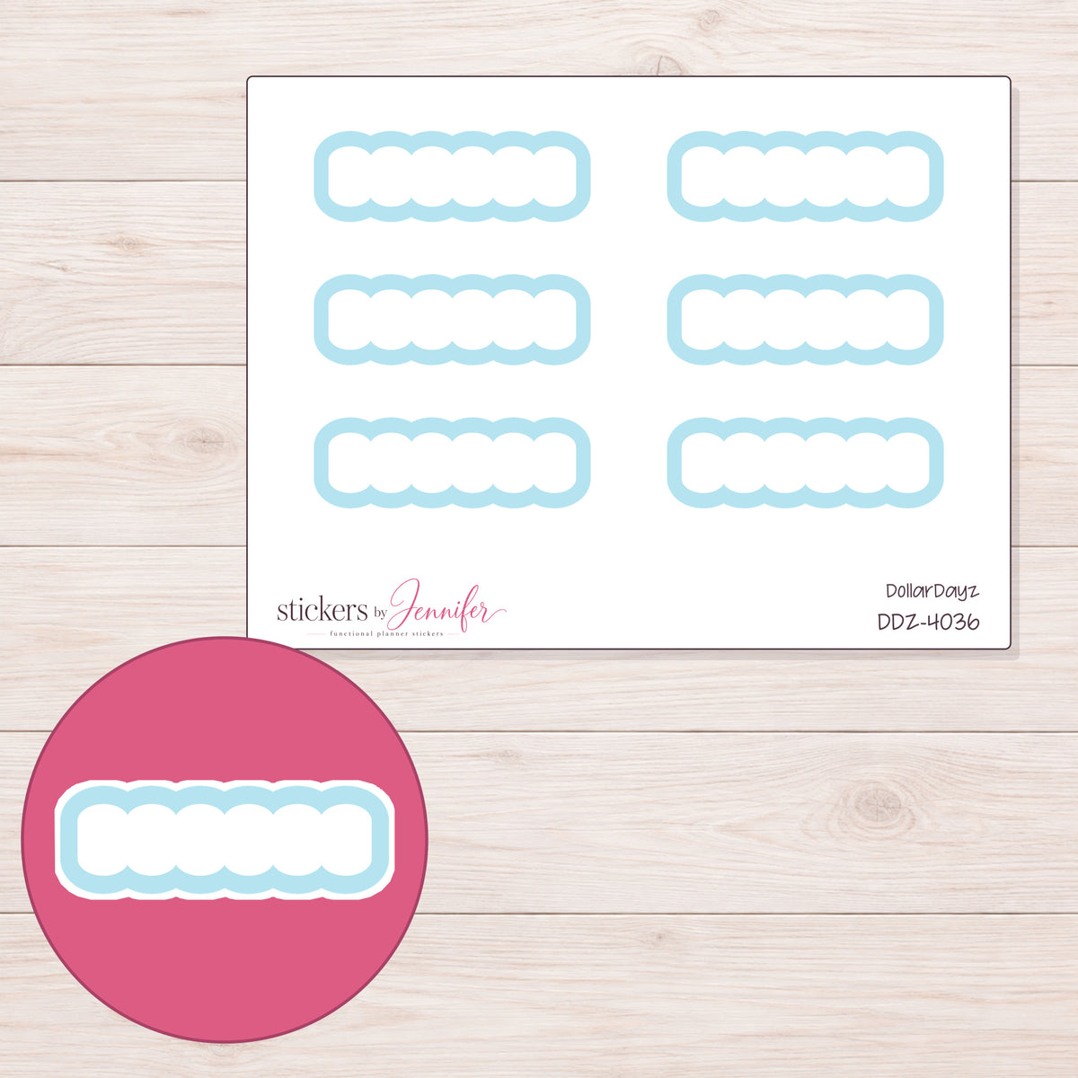Blue Outline Scallop Quarter Box Planner Stickers | DDZ-4036 — 4 × 3 inch sheet and enlarged sticker detail