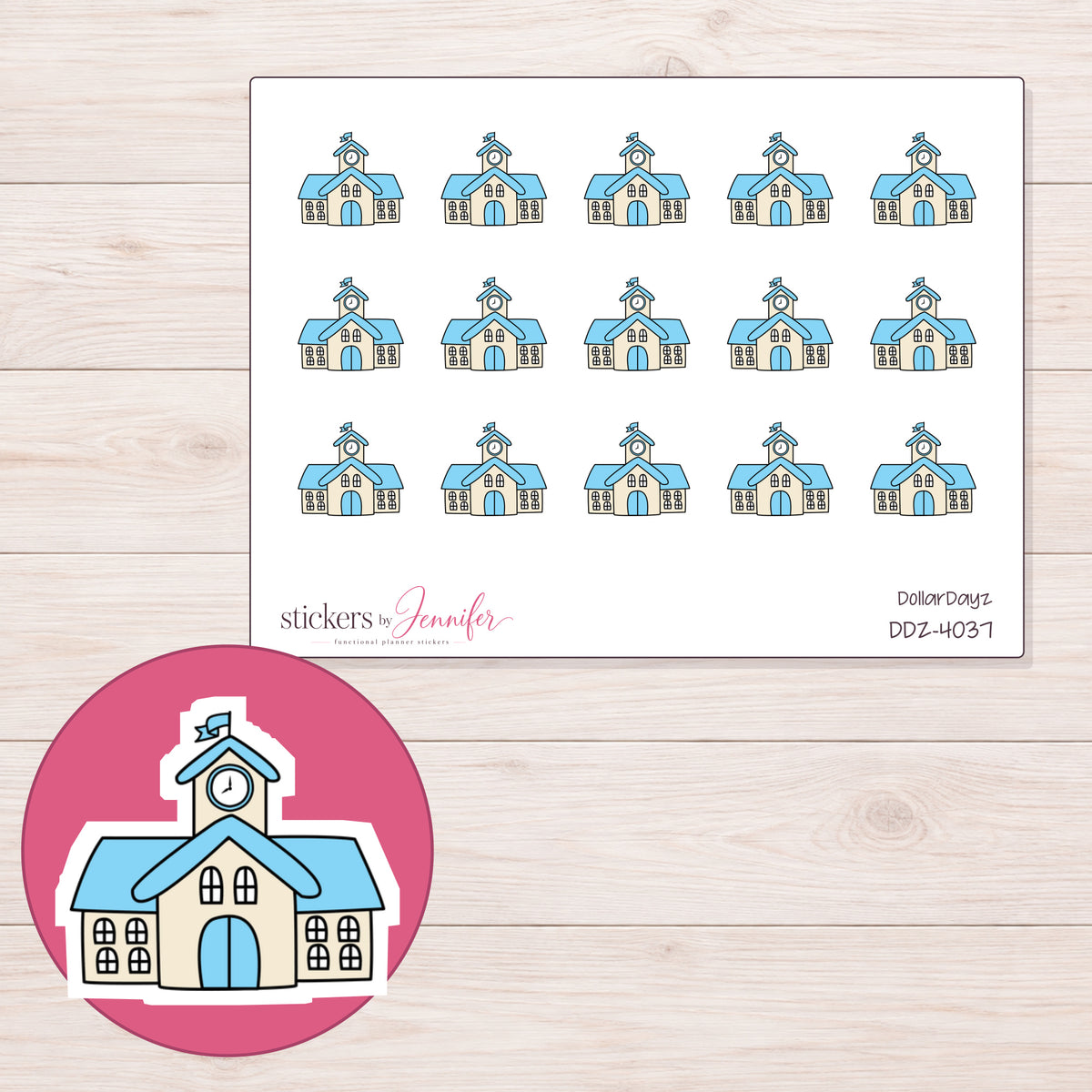Blue Schoolhouse Planner Stickers | DDZ-4037 — 4 × 3 inch sheet and enlarged sticker detail