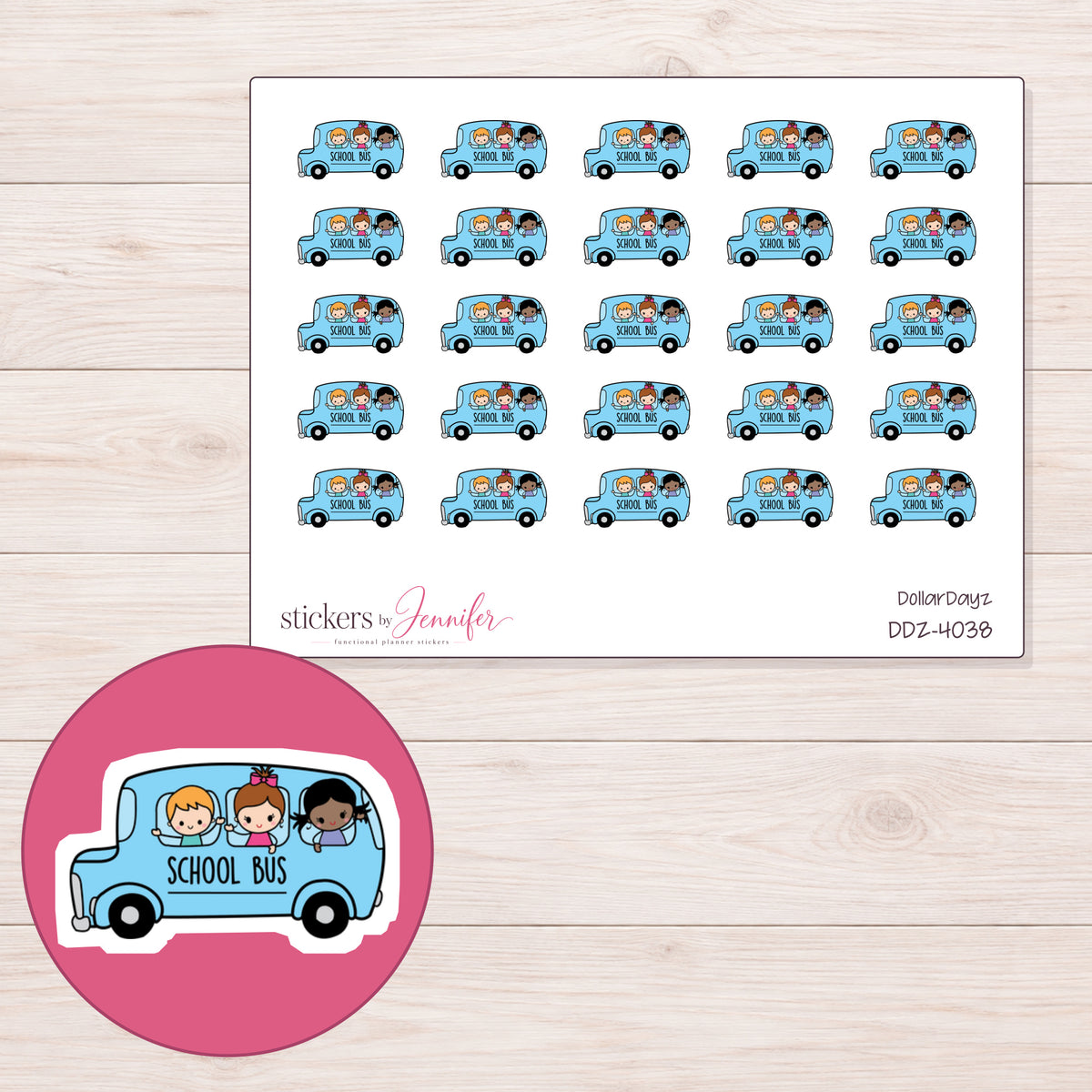 Blue School Bus Planner Stickers | DDZ-4038 — 4 × 3 inch sheet and enlarged sticker detail