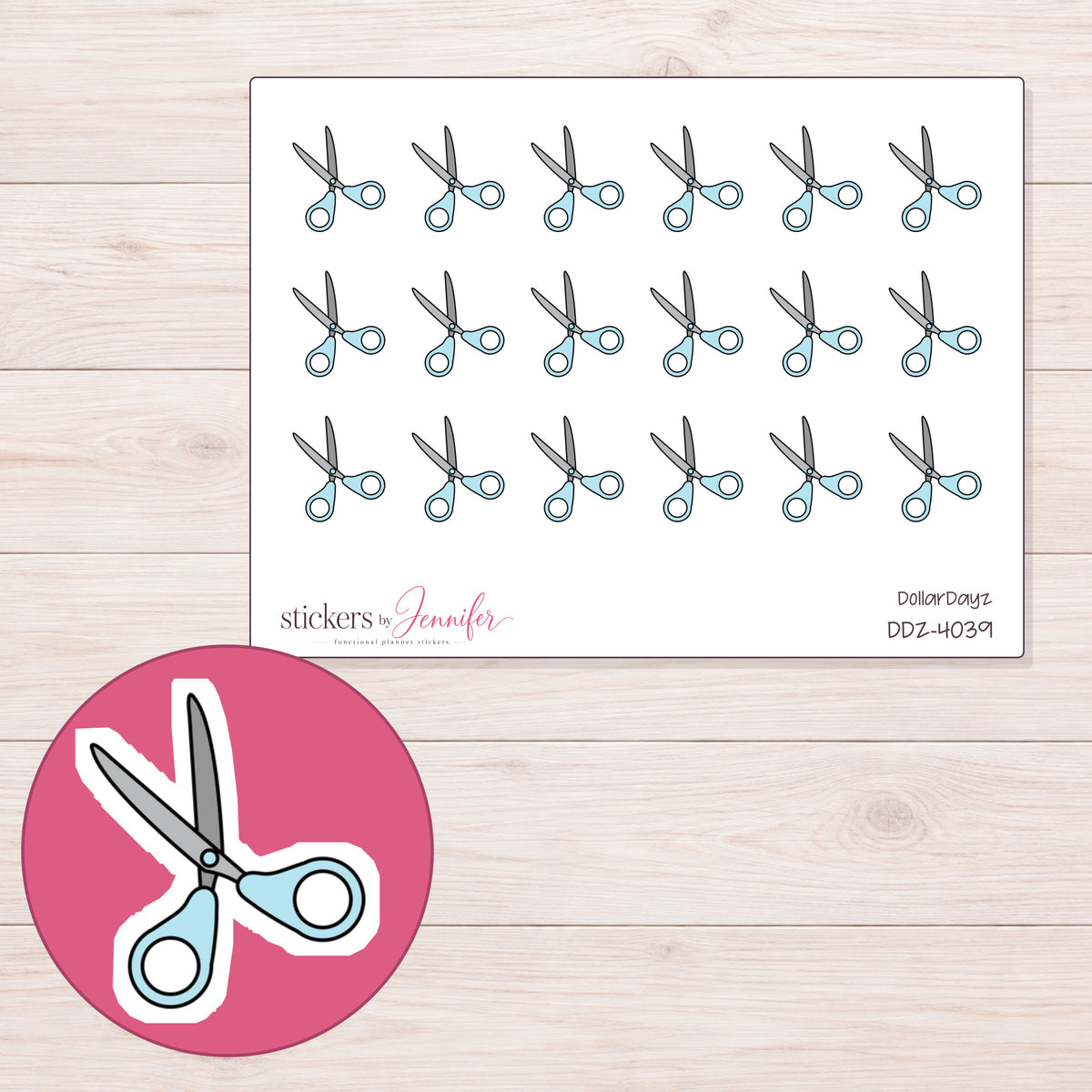 Pale Blue Handled Scissors Planner Stickers | DDZ-4039 — 4 × 3 inch sheet and enlarged sticker detail