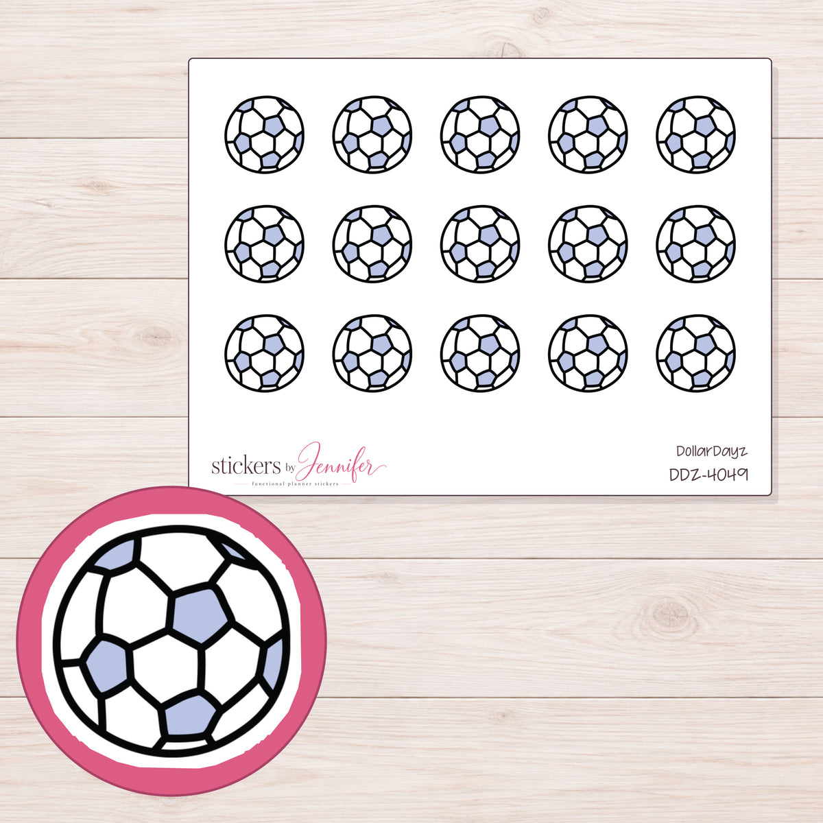 Lavender and White Soccer Ball Planner Stickers | DDZ-4049 — 4 × 3 inch sheet and enlarged sticker detail