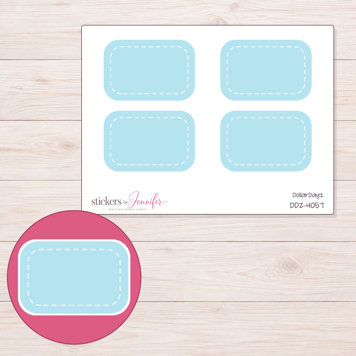 Blue White-Stitch Half Box Planner Stickers | DDZ-4057 — 4 × 3 inch sheet and enlarged sticker detail
