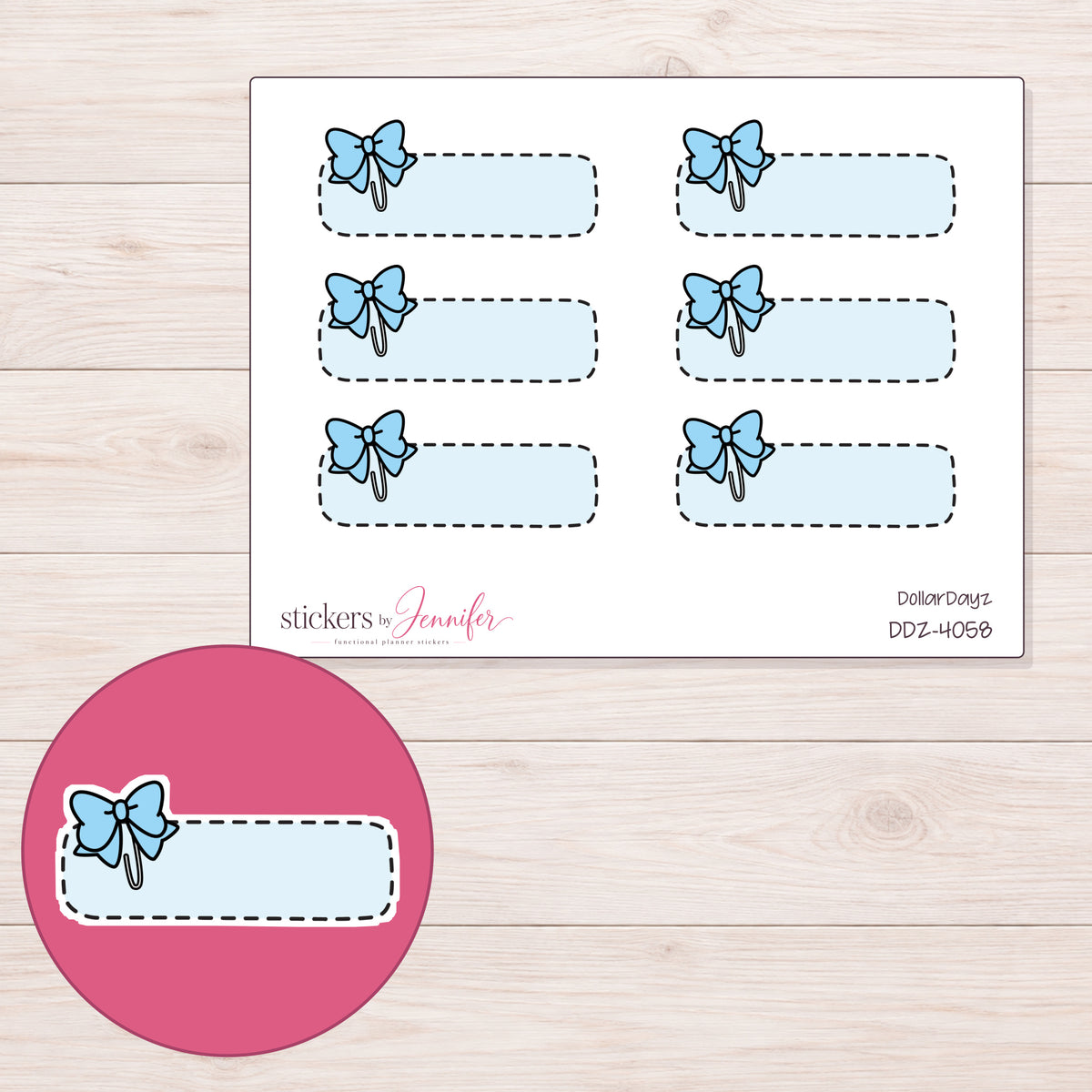 Pale Blue Stitched Bow Quarter Box Planner Stickers | DDZ-4058 — 4 × 3 inch sheet and enlarged sticker detail