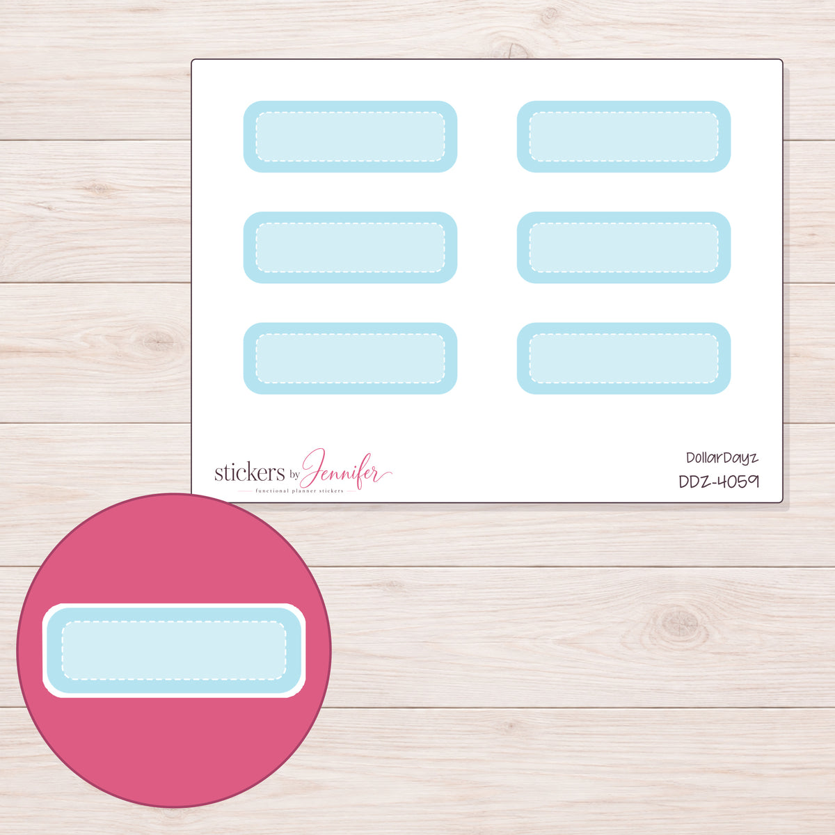 Blue Pale-Center Stitched Quarter Box Planner Stickers | DDZ-4059 — 4 × 3 inch sheet and enlarged sticker detail
