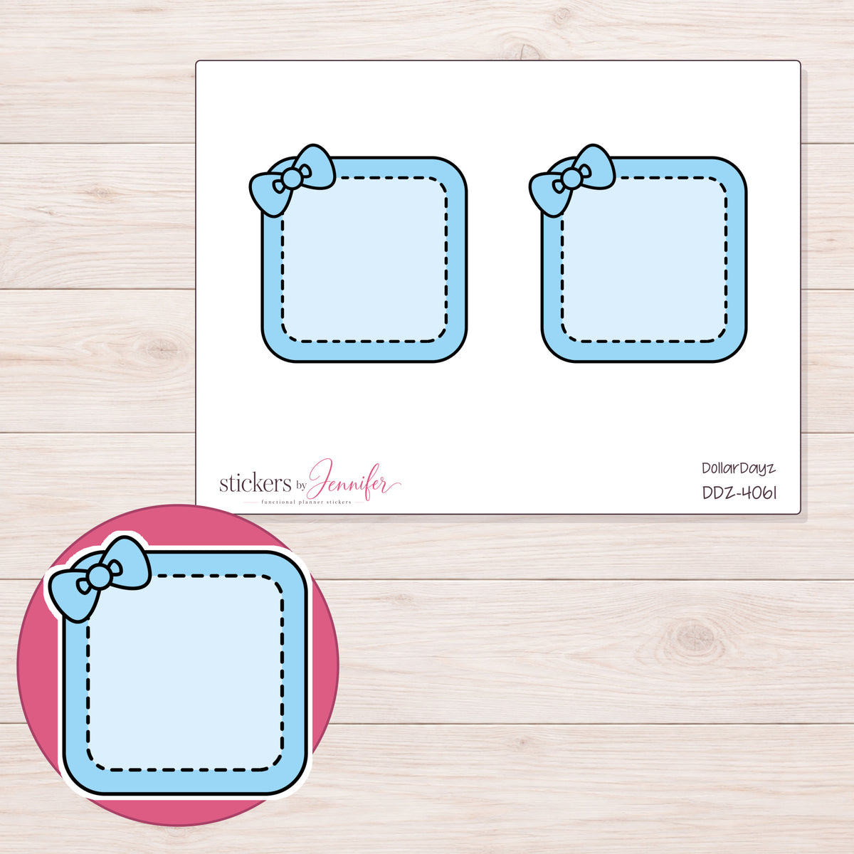 Blue Stitched Square Bow Label Planner Stickers | DDZ-4061 — 4 × 3 inch sheet and enlarged sticker detail