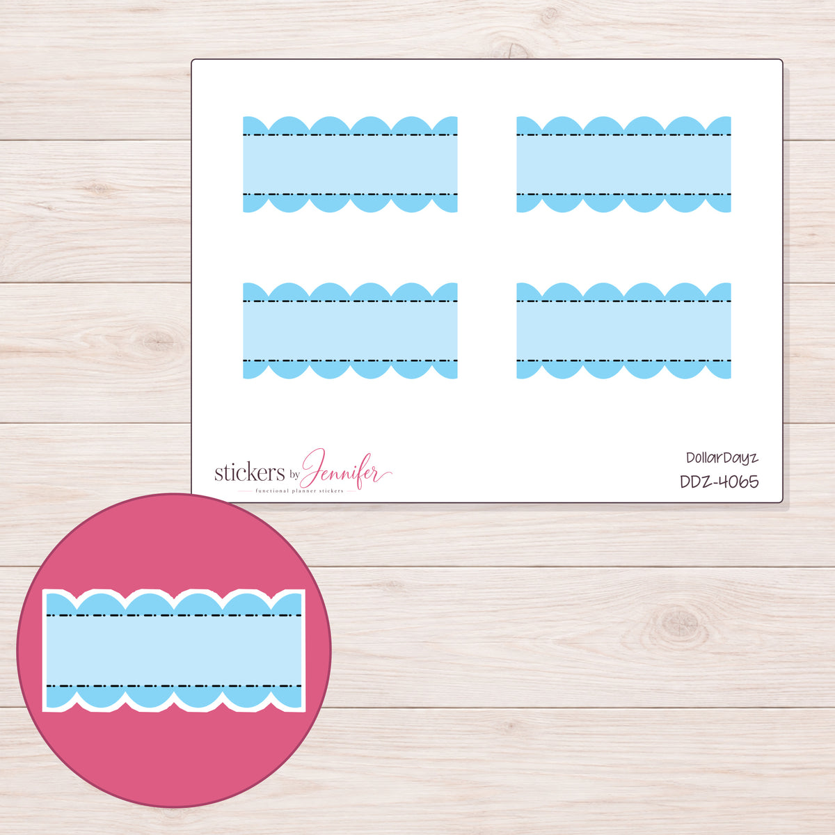 Blue Stitched Scallop Stripe Label Planner Stickers | DDZ-4065 — 4 × 3 inch sheet and enlarged sticker detail