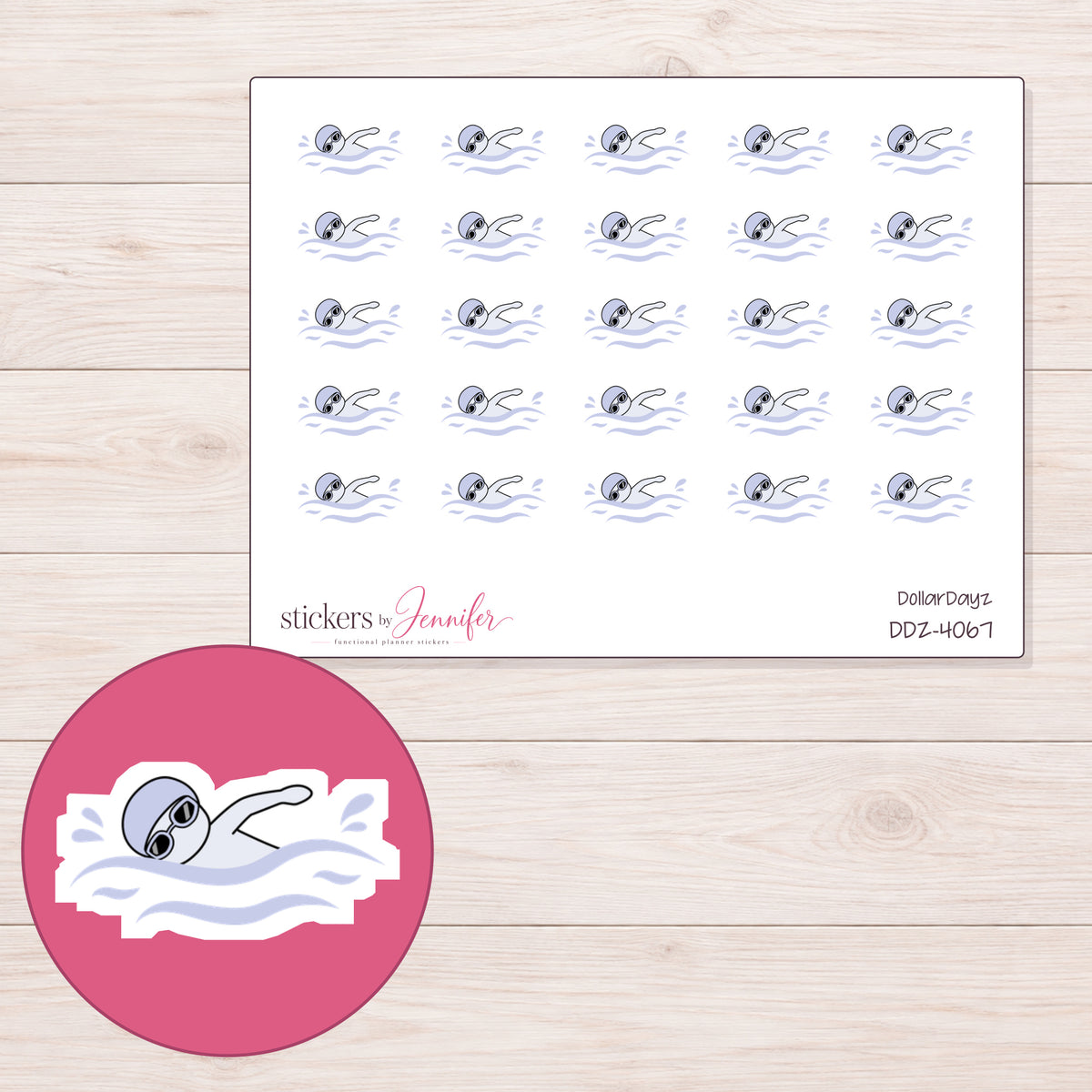 Lavender Cap Swimmer Planner Stickers | DDZ-4067 — 4 × 3 inch sheet and enlarged sticker detail