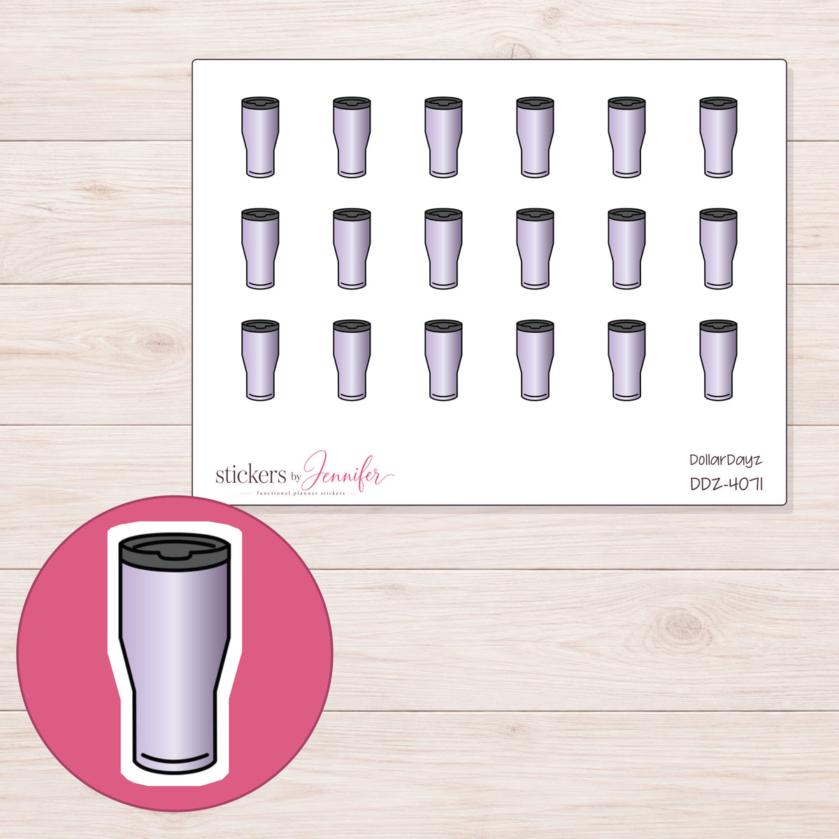 Lavender Travel Tumbler Planner Stickers | DDZ-4071 — 4 × 3 inch sheet and enlarged sticker detail