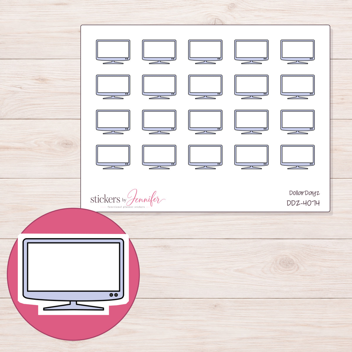Lavender Flat Screen Television Planner Stickers | DDZ-4074 — 4 × 3 inch sheet and enlarged sticker detail