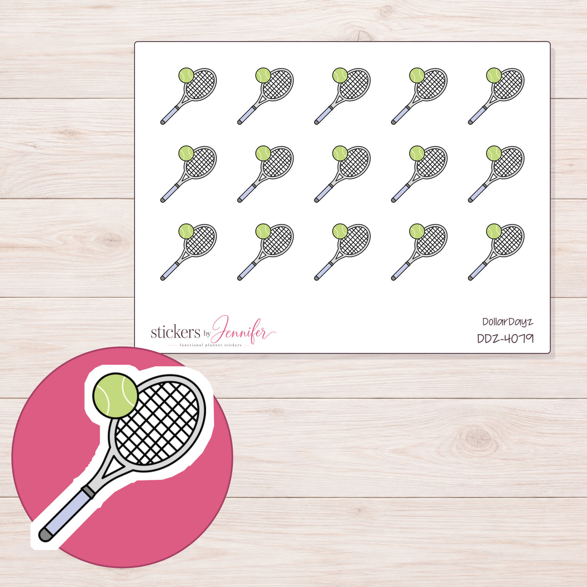 Tennis Racket and Ball Planner Stickers | DDZ-4079 — 4 × 3 inch sheet and enlarged sticker detail