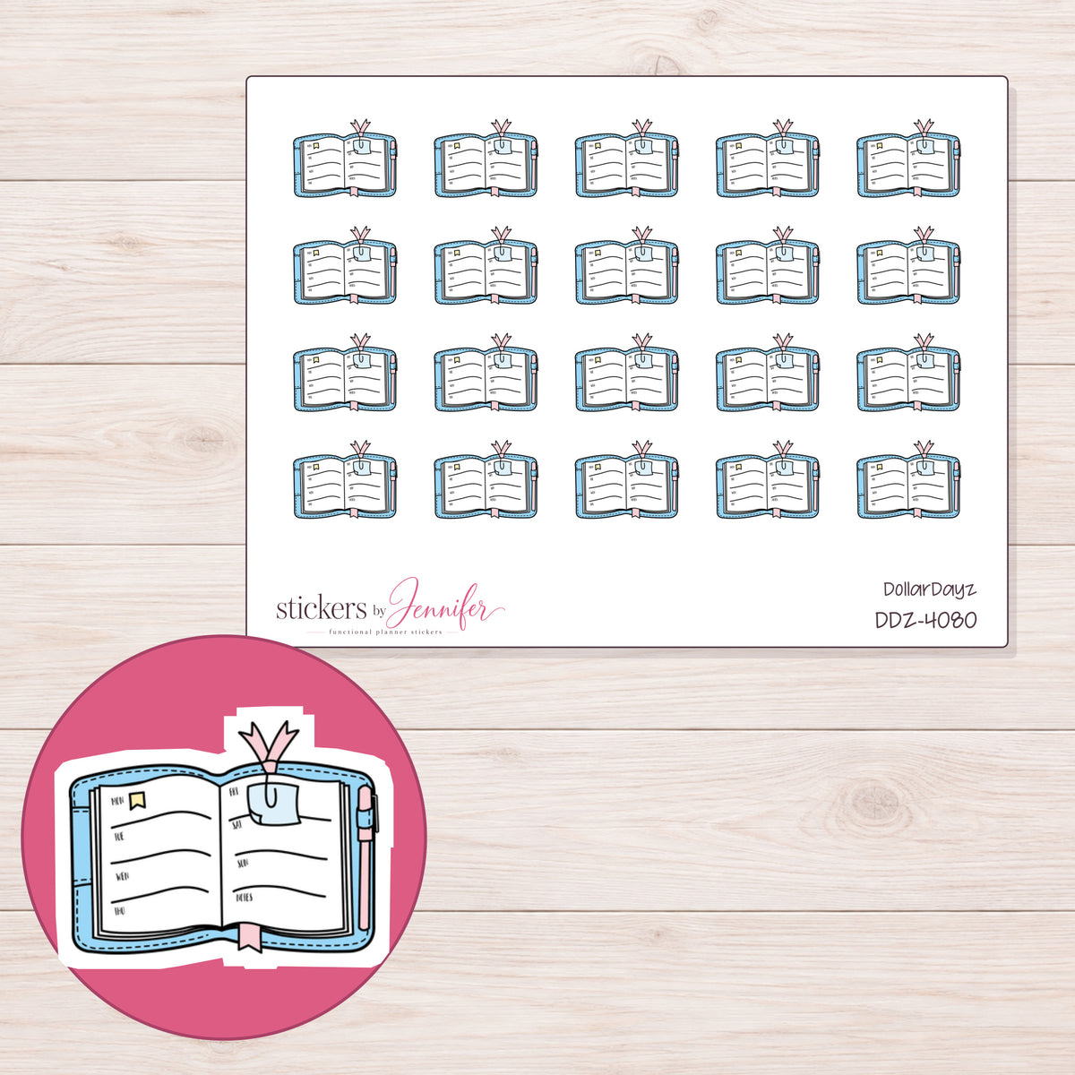Open Planner with Ribbon Clip Planner Stickers | DDZ-4080 — 4 × 3 inch sheet and enlarged sticker detail