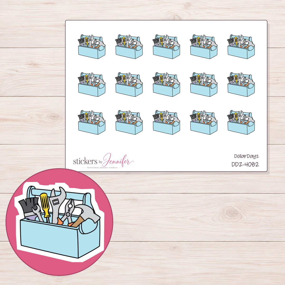 Blue Toolbox Planner Stickers | DDZ-4082 — 4 × 3 inch sheet and enlarged sticker detail