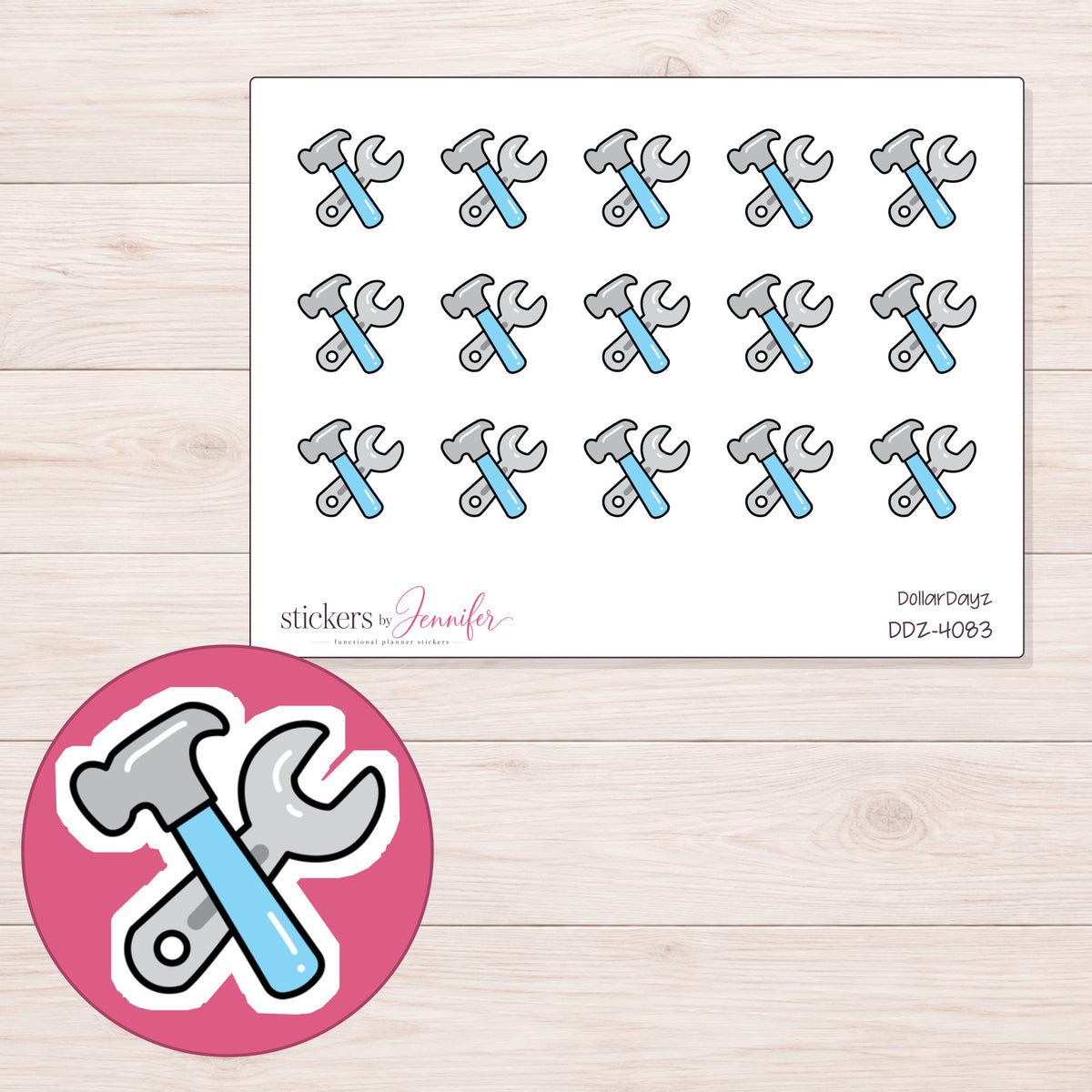 Blue Hammer and Wrench Planner Stickers | DDZ-4083 — 4 × 3 inch sheet and enlarged sticker detail