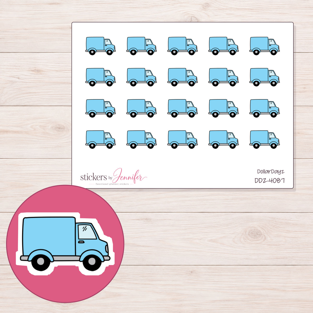 Blue Delivery Truck Planner Stickers | DDZ-4087 — 4 × 3 inch sheet and enlarged sticker detail