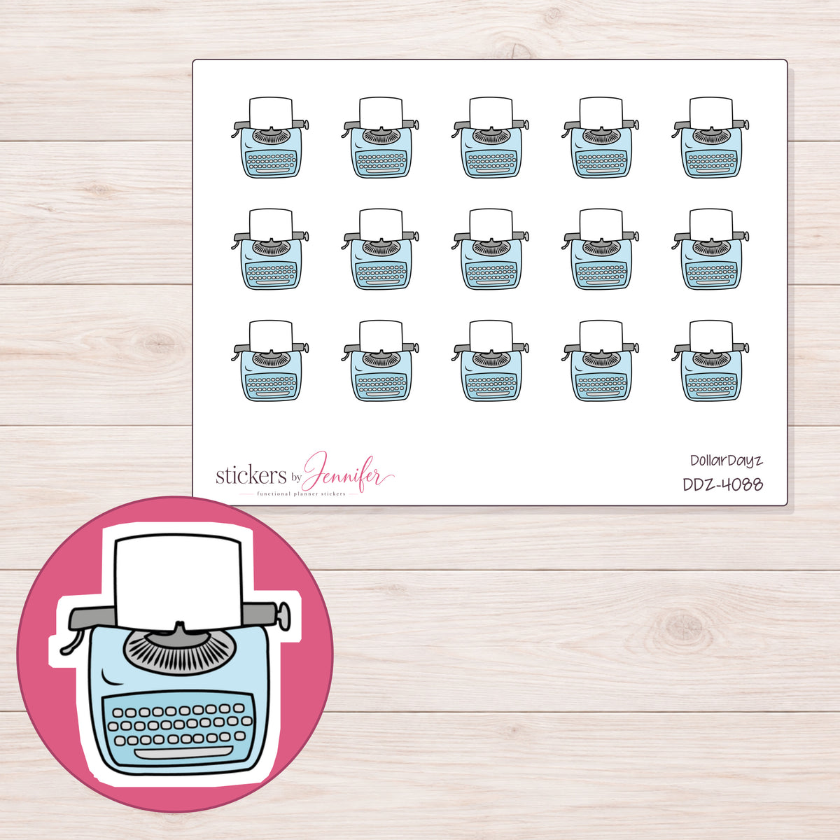 Blue Typewriter Planner Stickers | DDZ-4088 — 4 × 3 inch sheet and enlarged sticker detail