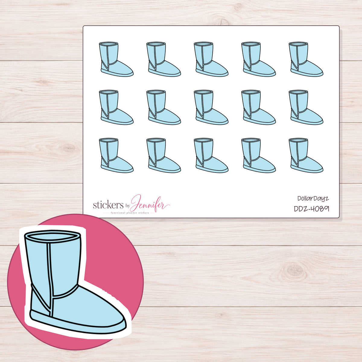 Blue Cozy Boot Planner Stickers | DDZ-4089 — 4 × 3 inch sheet and enlarged sticker detail