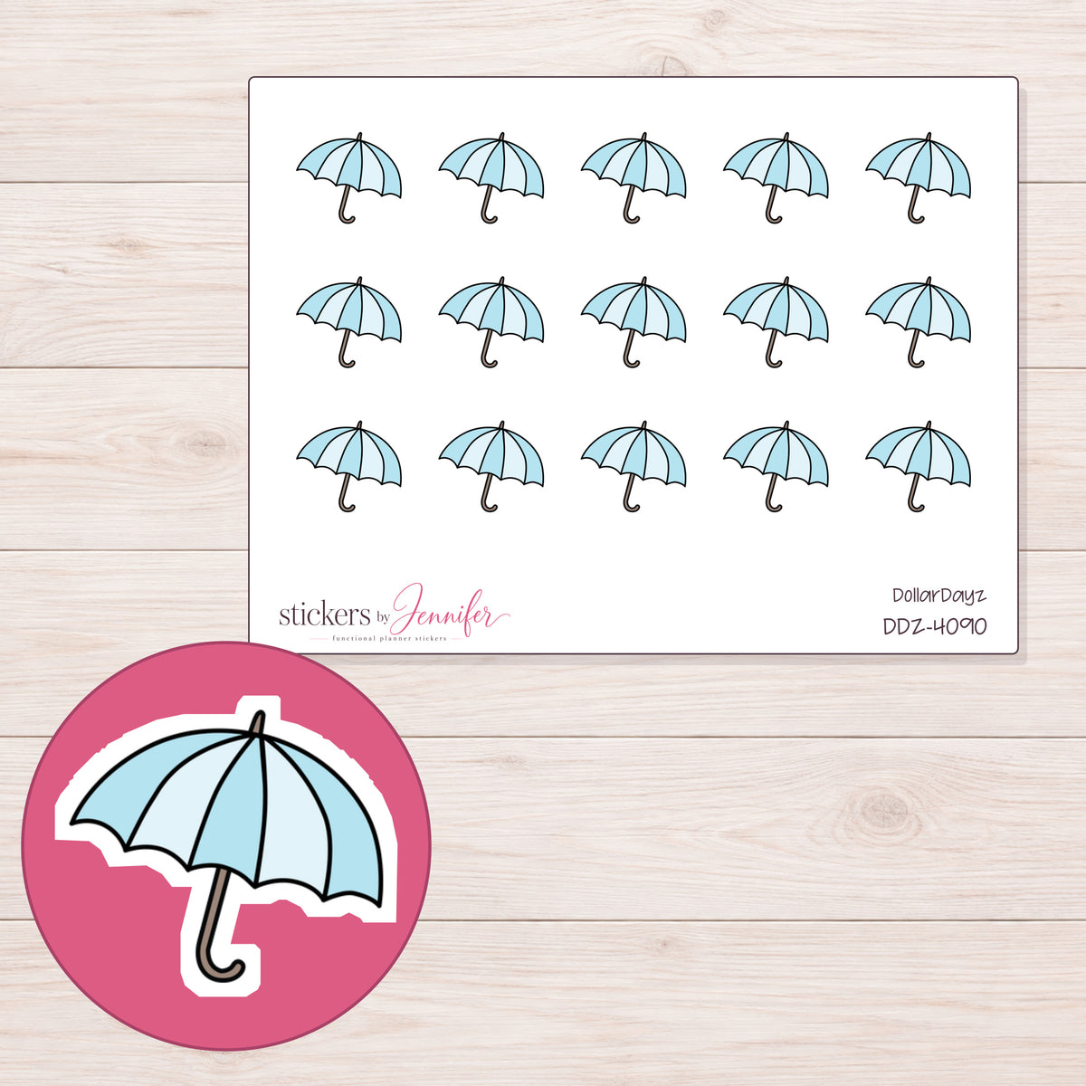 Blue Umbrella Planner Stickers | DDZ-4090 — 4 × 3 inch sheet and enlarged sticker detail