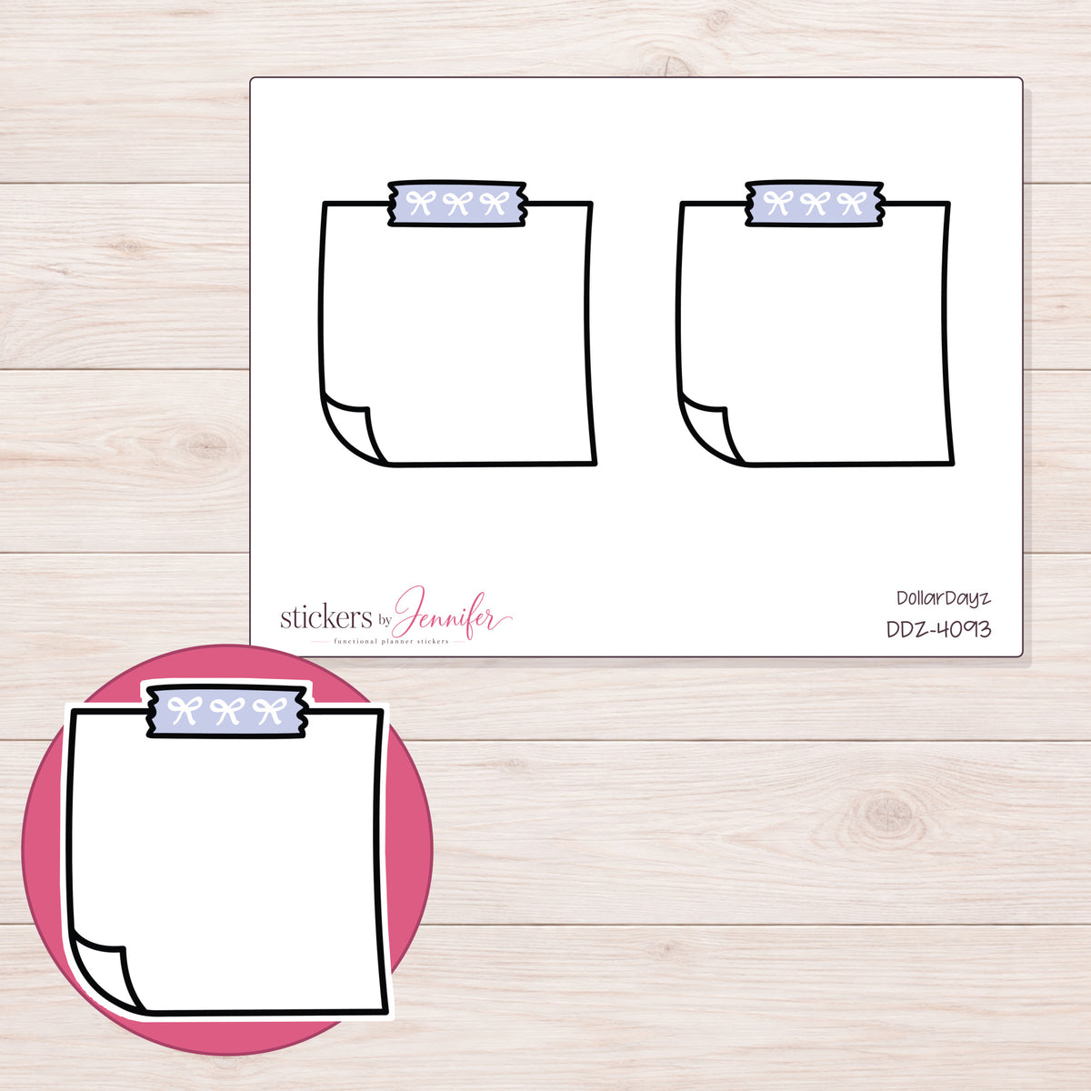 Lavender Bow-Tape Note Planner Stickers | DDZ-4093 — 4 × 3 inch sheet and enlarged sticker detail