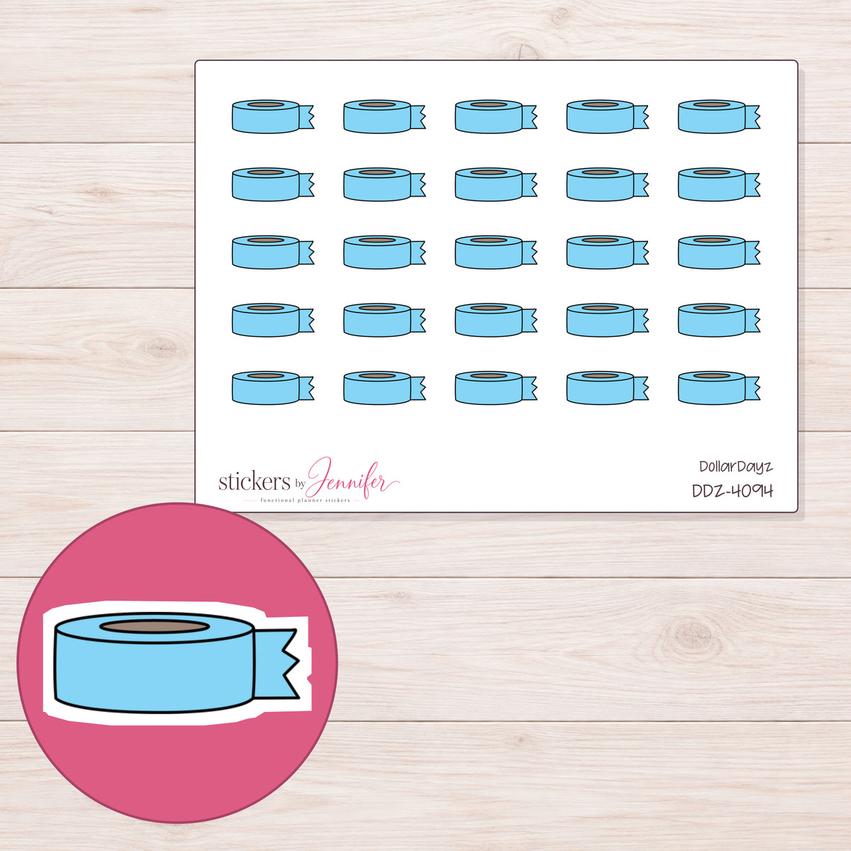 Blue Washi Roll with Loose End Planner Stickers | DDZ-4094 — 4 × 3 inch sheet and enlarged sticker detail
