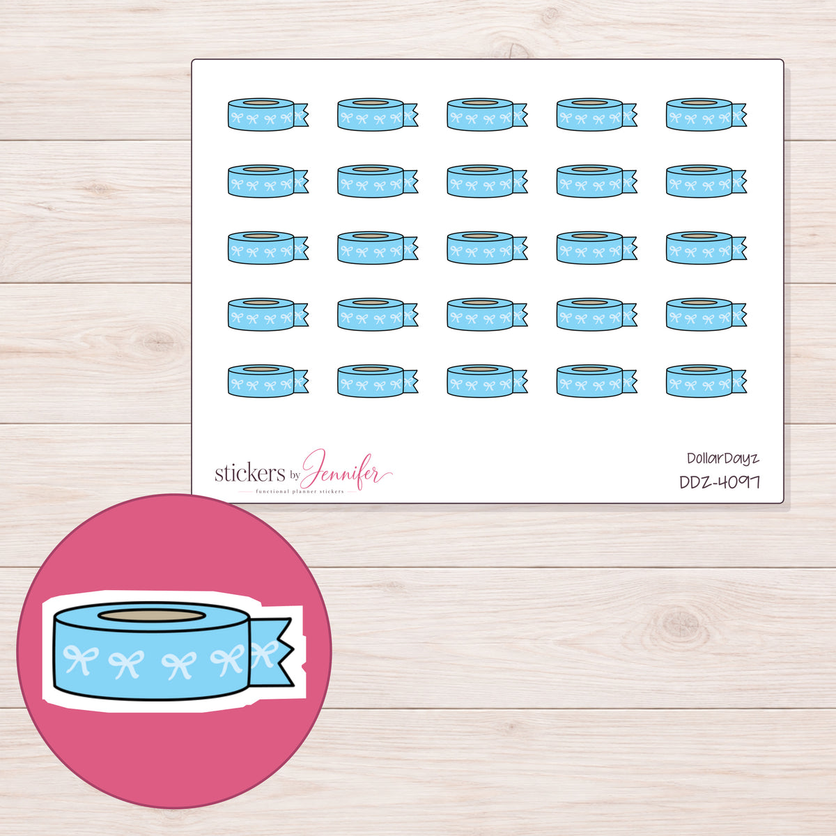 Blue Bow Washi Roll with Loose End Planner Stickers | DDZ-4097 — 4 × 3 inch sheet and enlarged sticker detail
