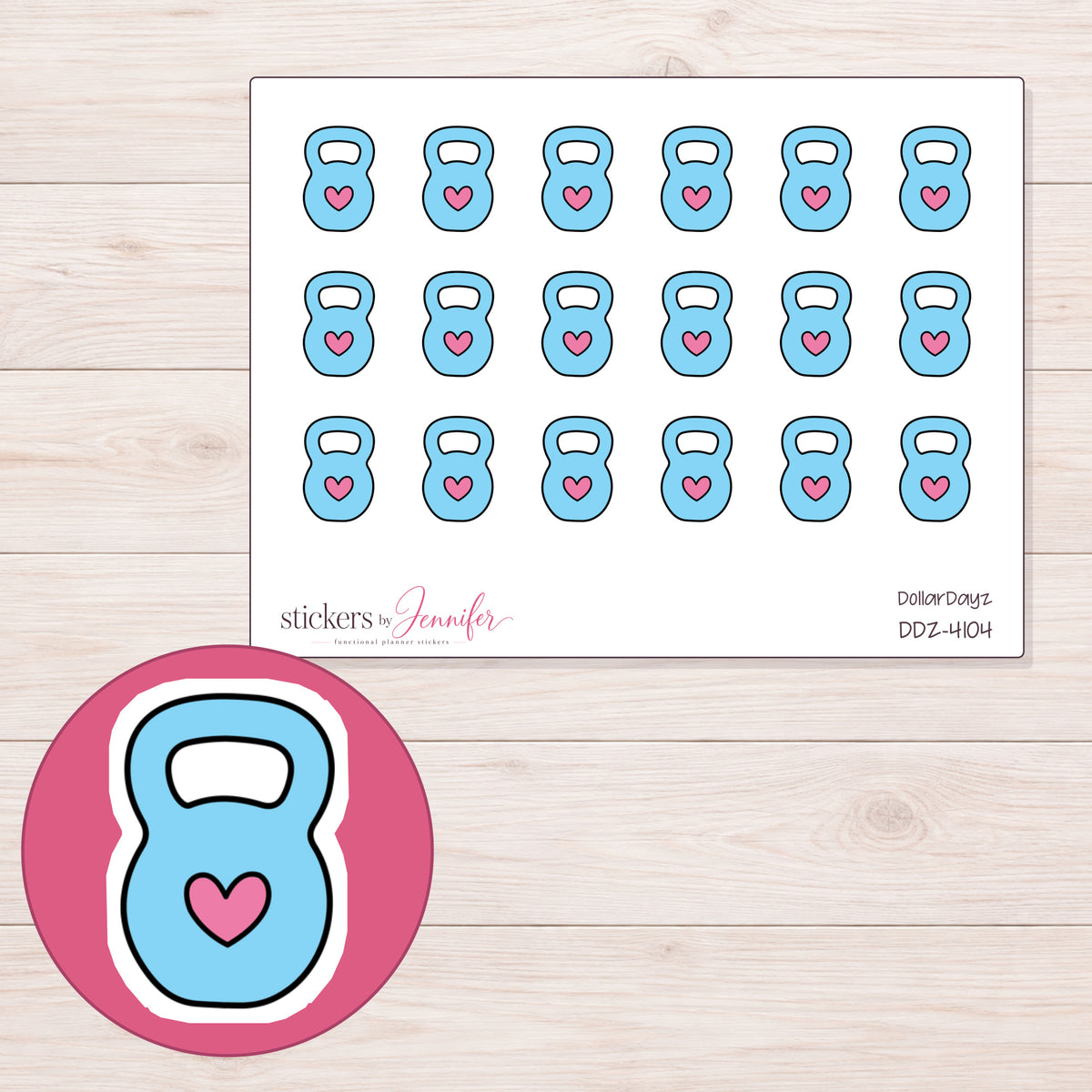 Blue Heart Kettlebell Planner Stickers | DDZ-4104 — 4 × 3 inch sheet and enlarged sticker detail