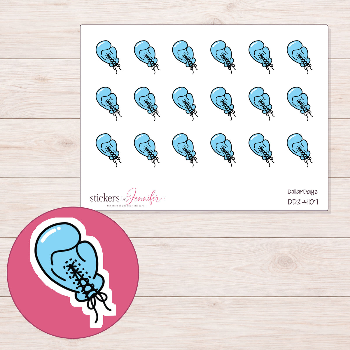 Blue Boxing Glove Planner Stickers | DDZ-4107 — 4 × 3 inch sheet and enlarged sticker detail