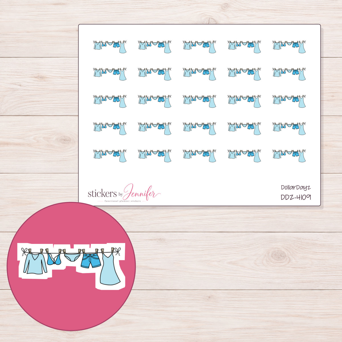 Blue Clothesline Planner Stickers | DDZ-4109 — 4 × 3 inch sheet and enlarged sticker detail