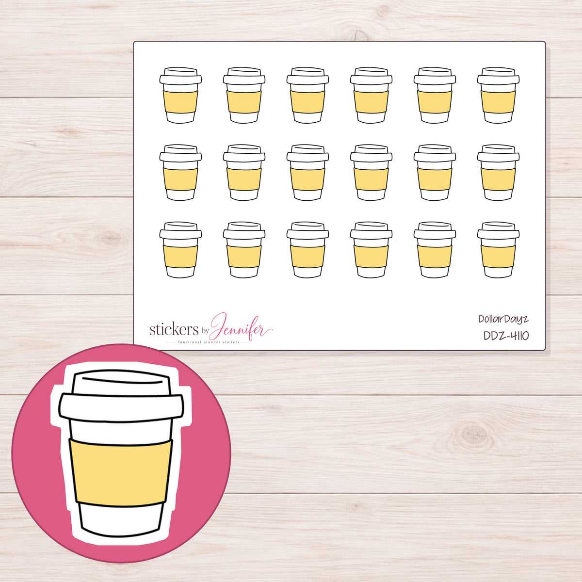 Yellow Sleeve Takeaway Coffee Planner Stickers | DDZ-4110 — 4 × 3 inch sheet and enlarged sticker detail