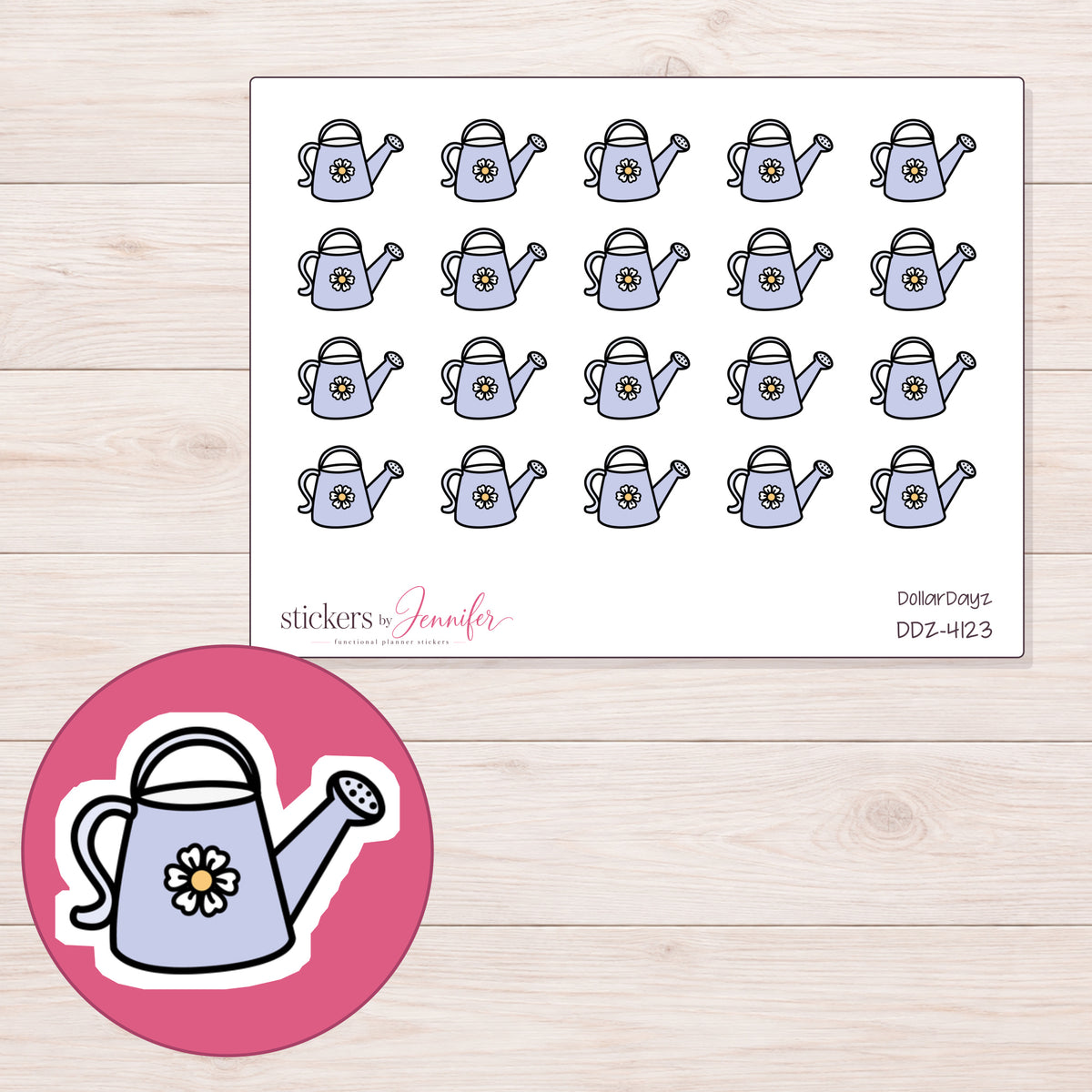 Lavender Daisy Watering Can Planner Stickers | DDZ-4123 — 4 × 3 inch sheet and enlarged sticker detail