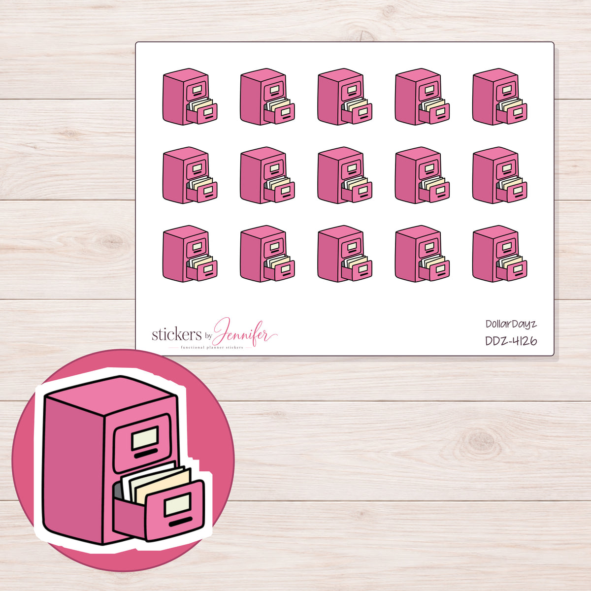 Pink Filing Cabinet Planner Stickers | DDZ-4126 — 4 × 3 inch sheet and enlarged sticker detail