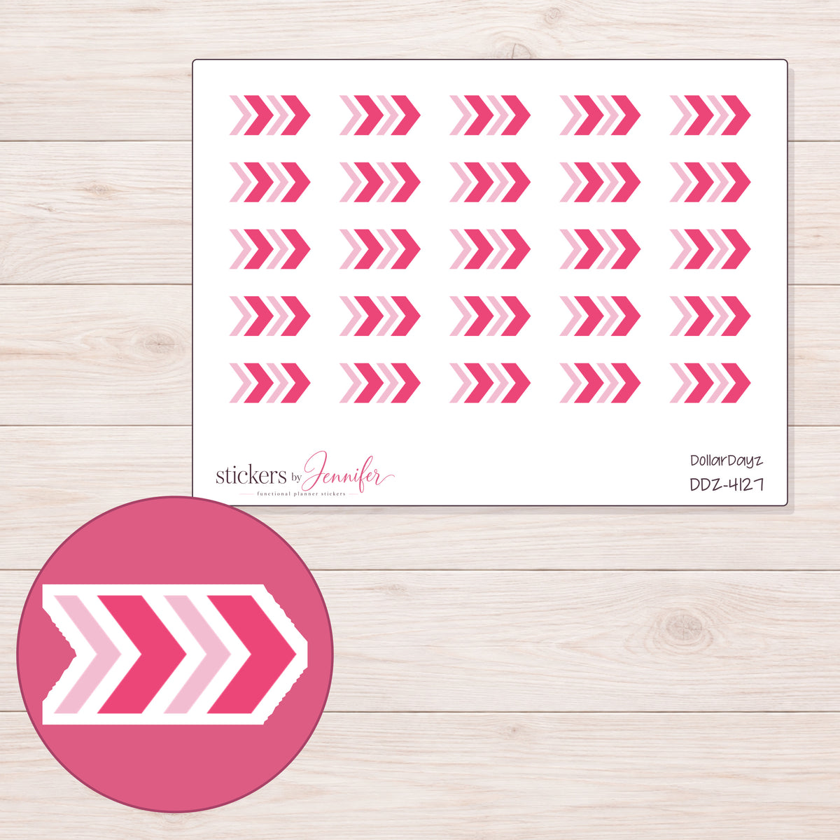 Pink Chevron Arrow Planner Stickers | DDZ-4127 — 4 × 3 inch sheet and enlarged sticker detail