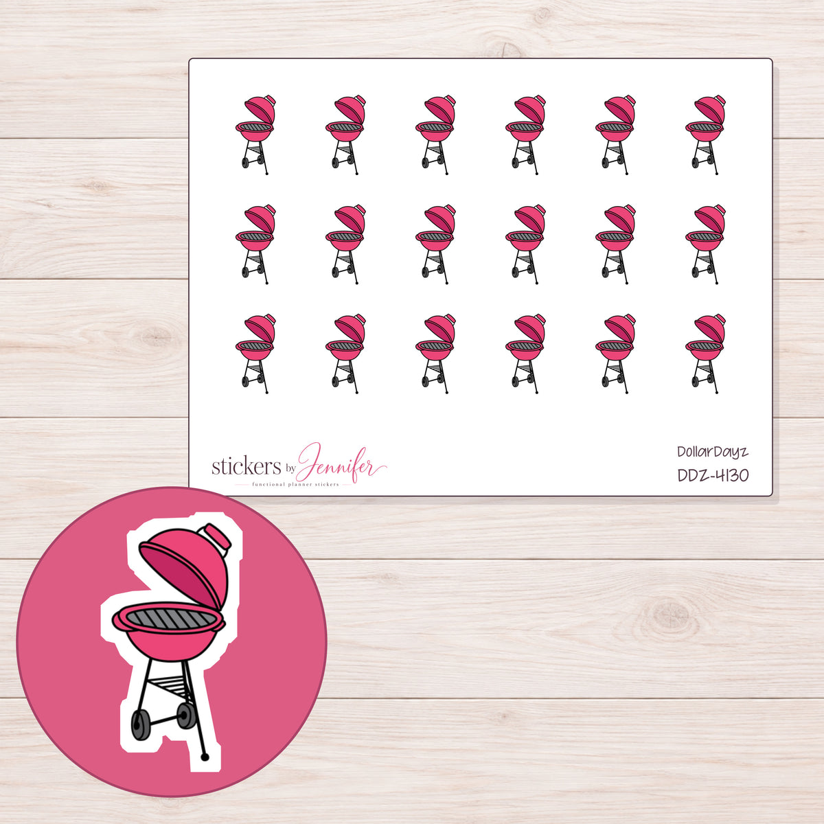 Pink Barbecue Grill Planner Stickers | DDZ-4130 — 4 × 3 inch sheet and enlarged sticker detail