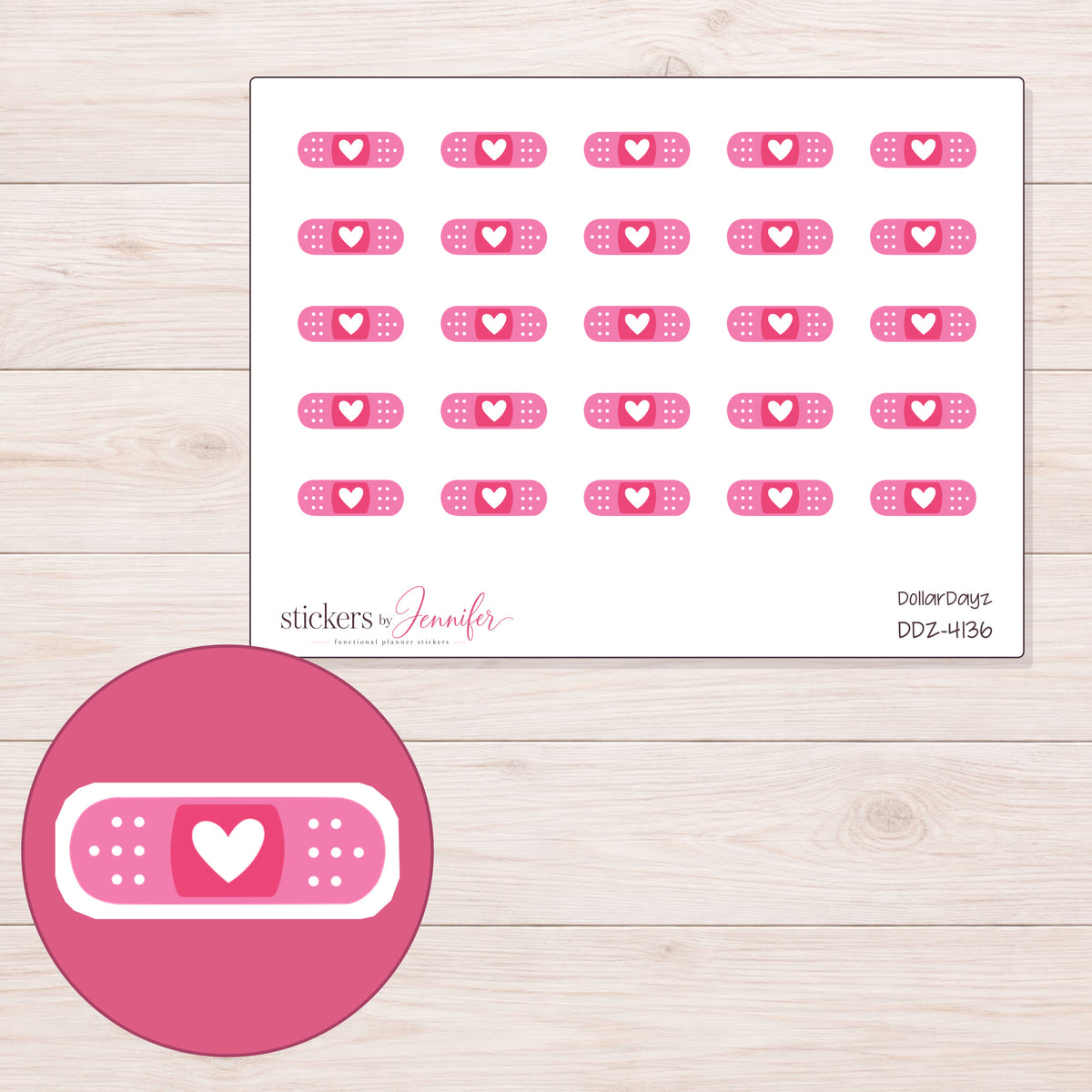 Pink Heart Bandage Planner Stickers | DDZ-4136 — 4 × 3 inch sheet and enlarged sticker detail