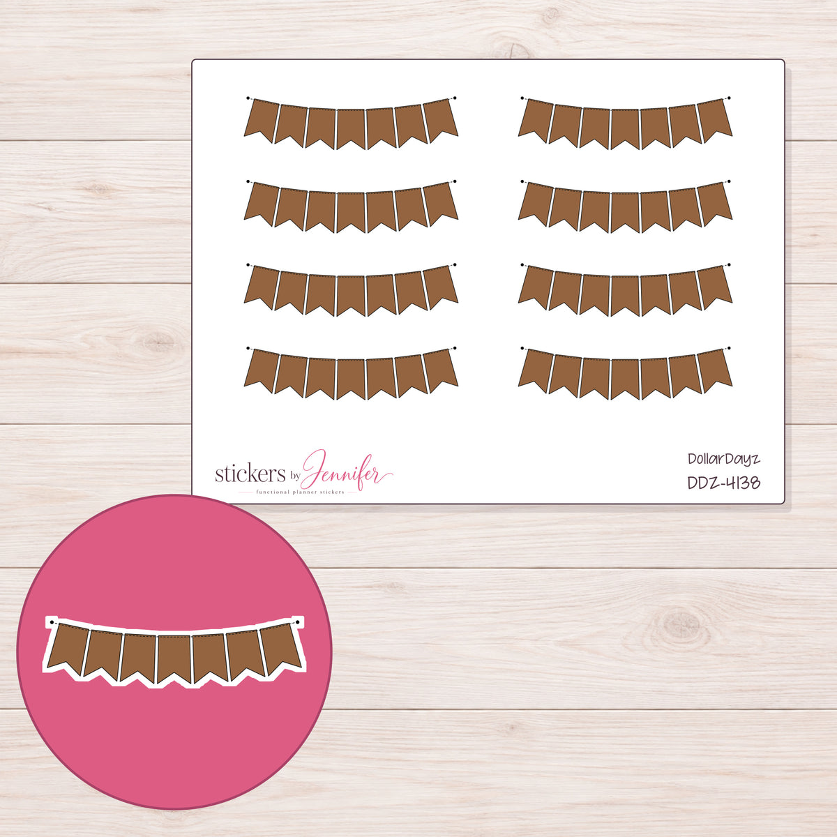 Brown Pennant Bunting Planner Stickers | DDZ-4138 — 4 × 3 inch sheet and enlarged sticker detail