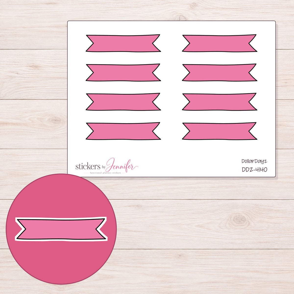 Pink Double-Notch Banner Label Planner Stickers | DDZ-4140 — 4 × 3 inch sheet and enlarged sticker detail