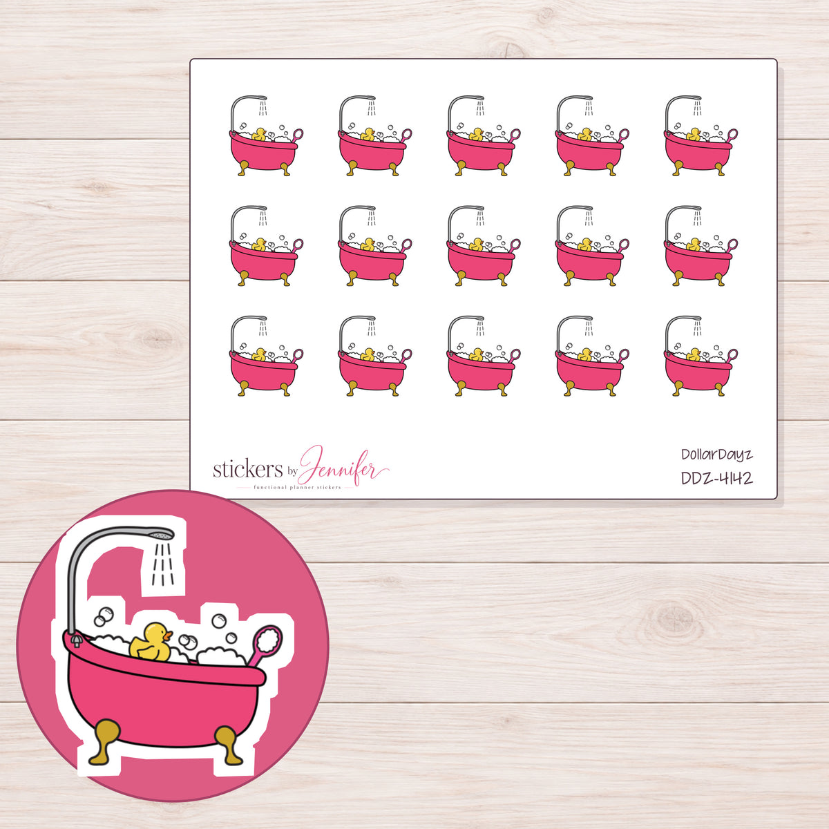 Pink Bubble Bath Planner Stickers | DDZ-4142 — 4 × 3 inch sheet and enlarged sticker detail