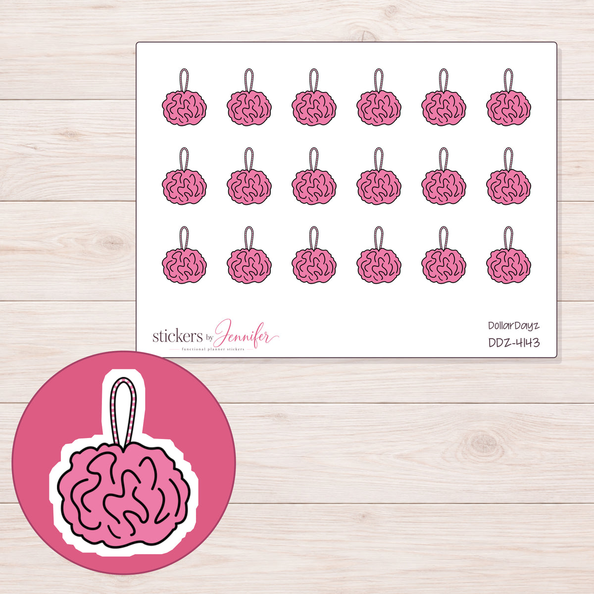 Pink Bath Pouf Planner Stickers | DDZ-4143 — 4 × 3 inch sheet and enlarged sticker detail