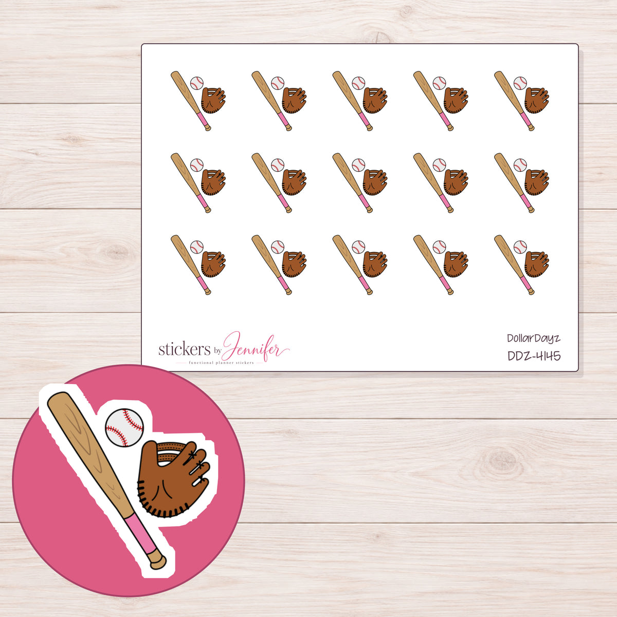 Baseball Bat Ball and Glove Planner Stickers | DDZ-4145 — 4 × 3 inch sheet and enlarged sticker detail