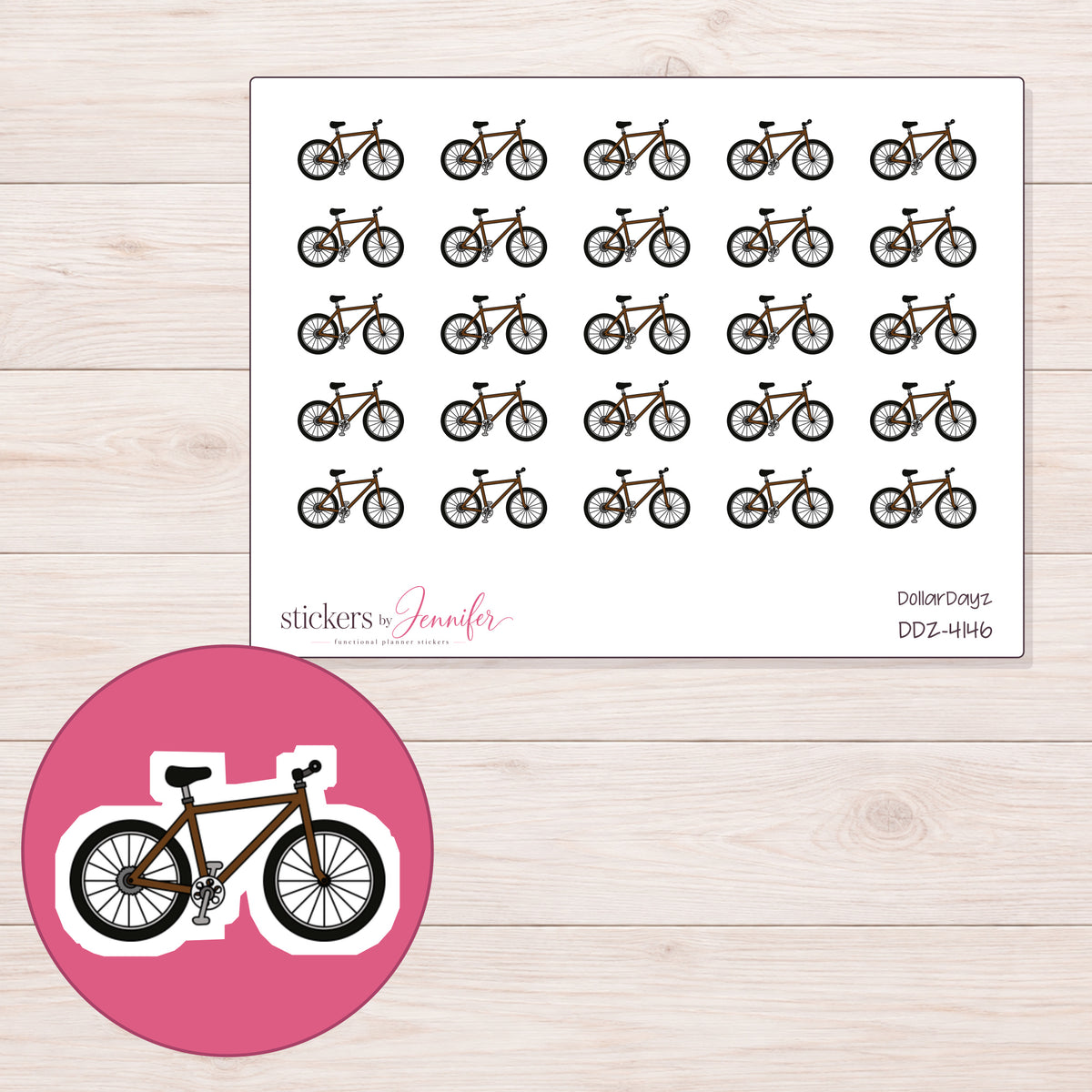 Brown Bicycle Planner Stickers | DDZ-4146 — 4 × 3 inch sheet and enlarged sticker detail
