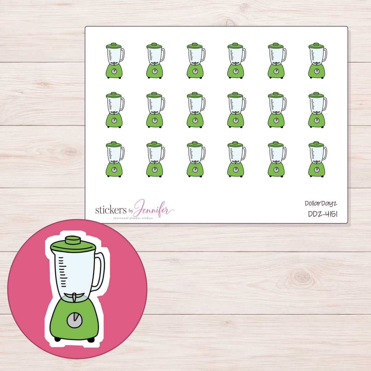 Green Kitchen Blender Planner Stickers | DDZ-4151 — 4 × 3 inch sheet and enlarged sticker detail