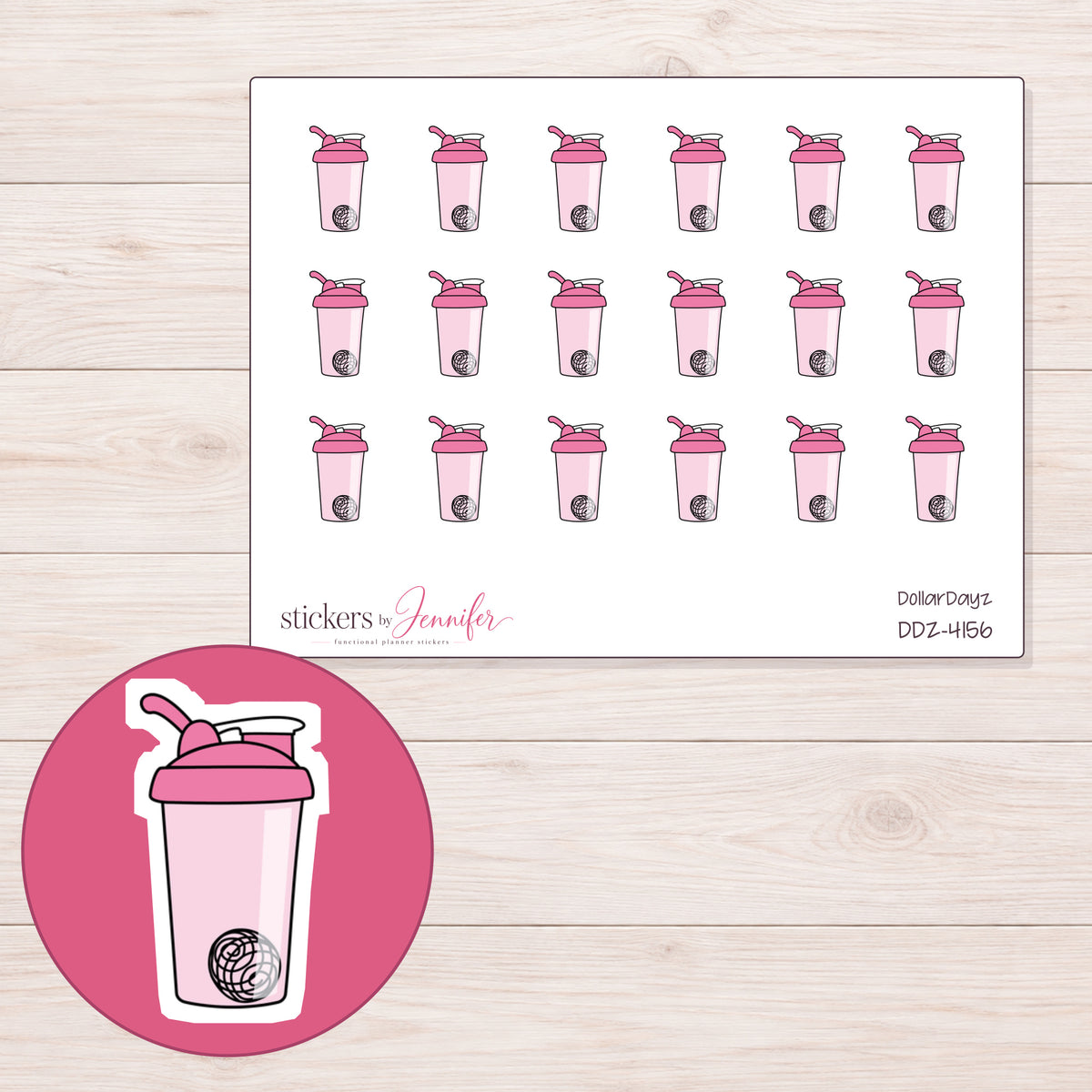 Pink Shaker Bottle Planner Stickers | DDZ-4156 — 4 × 3 inch sheet and enlarged sticker detail