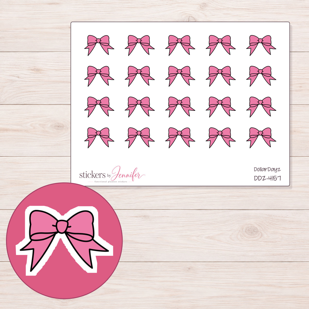 Pink Ribbon Bow Planner Stickers | DDZ-4157 — 4 × 3 inch sheet and enlarged sticker detail